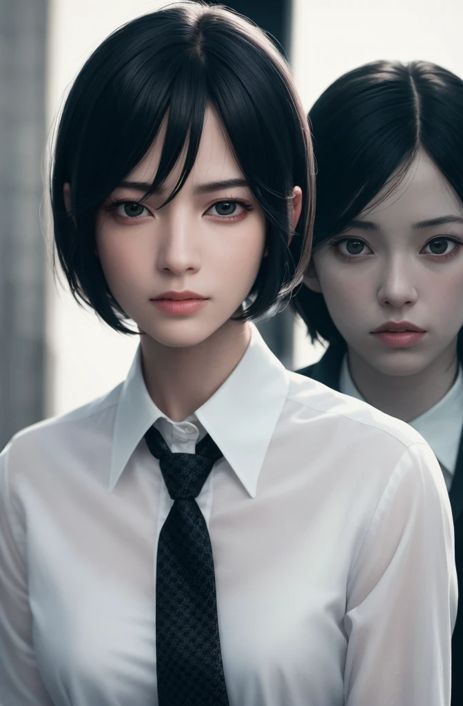 masterpiece, (photorealistic: 1.4), best quality, beautiful lighting, (ulzzang-6500: 0.5), mikasa \(attack on the titans\), (black hair)+(short chanel hair)+(bangs), black eyes, ((eyes with dark circles)), (white shirt), (tie), RAW photo, 8k uhd, film grain