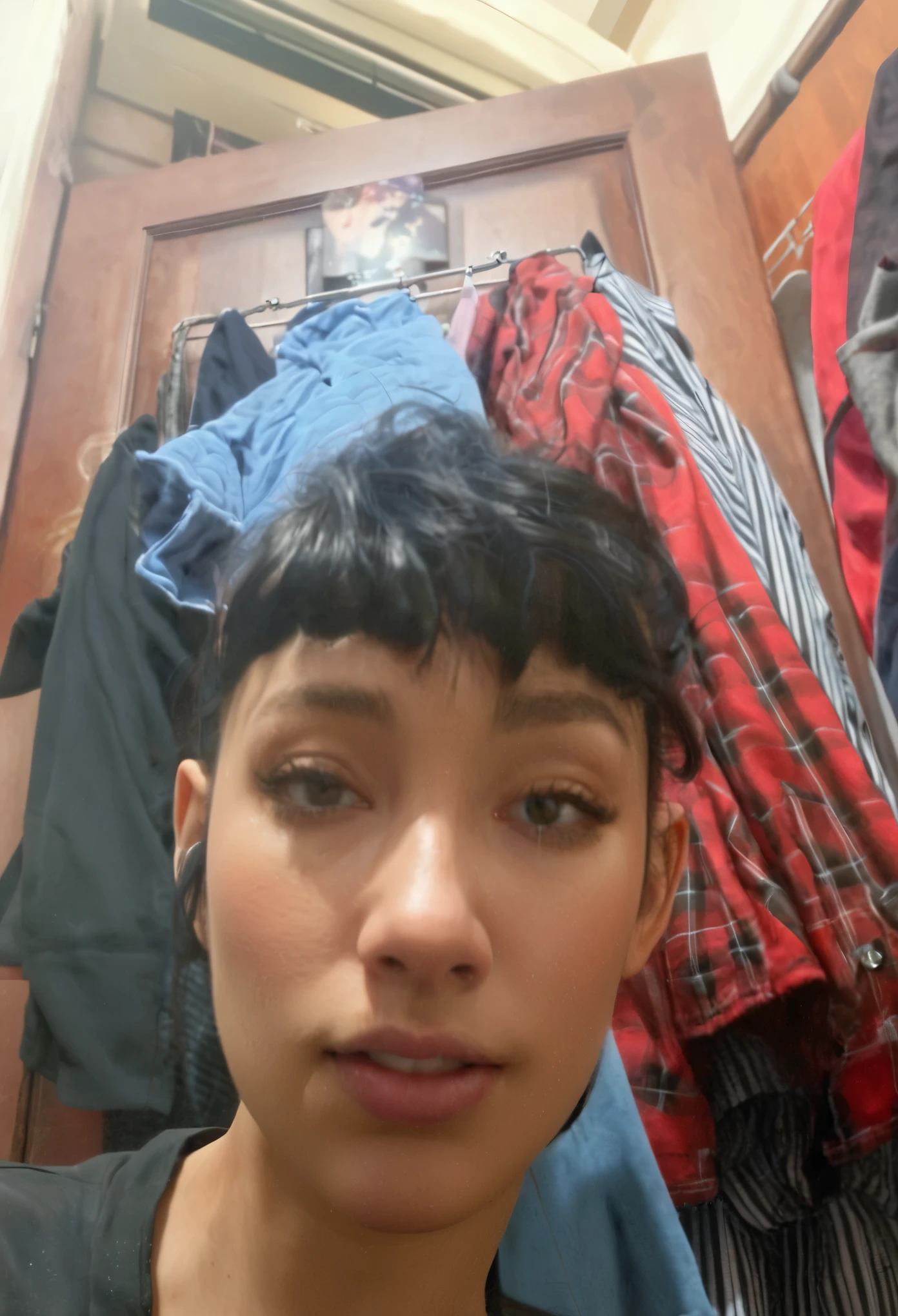 best quality, masterpiece, ultra high res, 8K, raw, (photo realistic:1.4), physically-based rendering, depth of field, looking at viewers, slender, (sitting:1.1), in the bed room, detailed beautiful face, 1 girl, cute, young, nose blush, big black eyes, open mouth, tiny breasts, black hair, detailed clothes, (pajamas:1.3), no shoes ,pureerosface_v1,