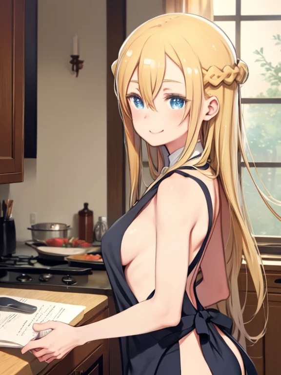 masterpiece, highest quality, Medium wide shot、cowboy shot、1 mature woman、、alone、anime、(mint, blue eyes, braid, blonde hair, long hair、hair between eyes)、naked apron、naked apron、 nudist、Clearly defined eyes、kitchen、cooking、angle from behind、leaning over、looking at the viewer、smiling、fantasy、medieval europe、private house、