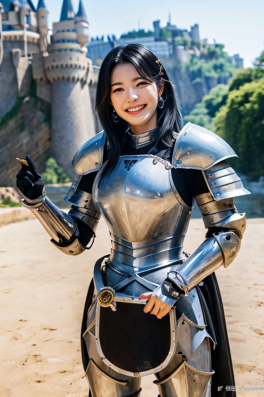 8K、highest quality、female knight、The background is a castle、Luxurious Silver Armor、heavy equipment、black hair、hairstyle shortcut、smile、beautiful teeth、full body photo、ear piercing