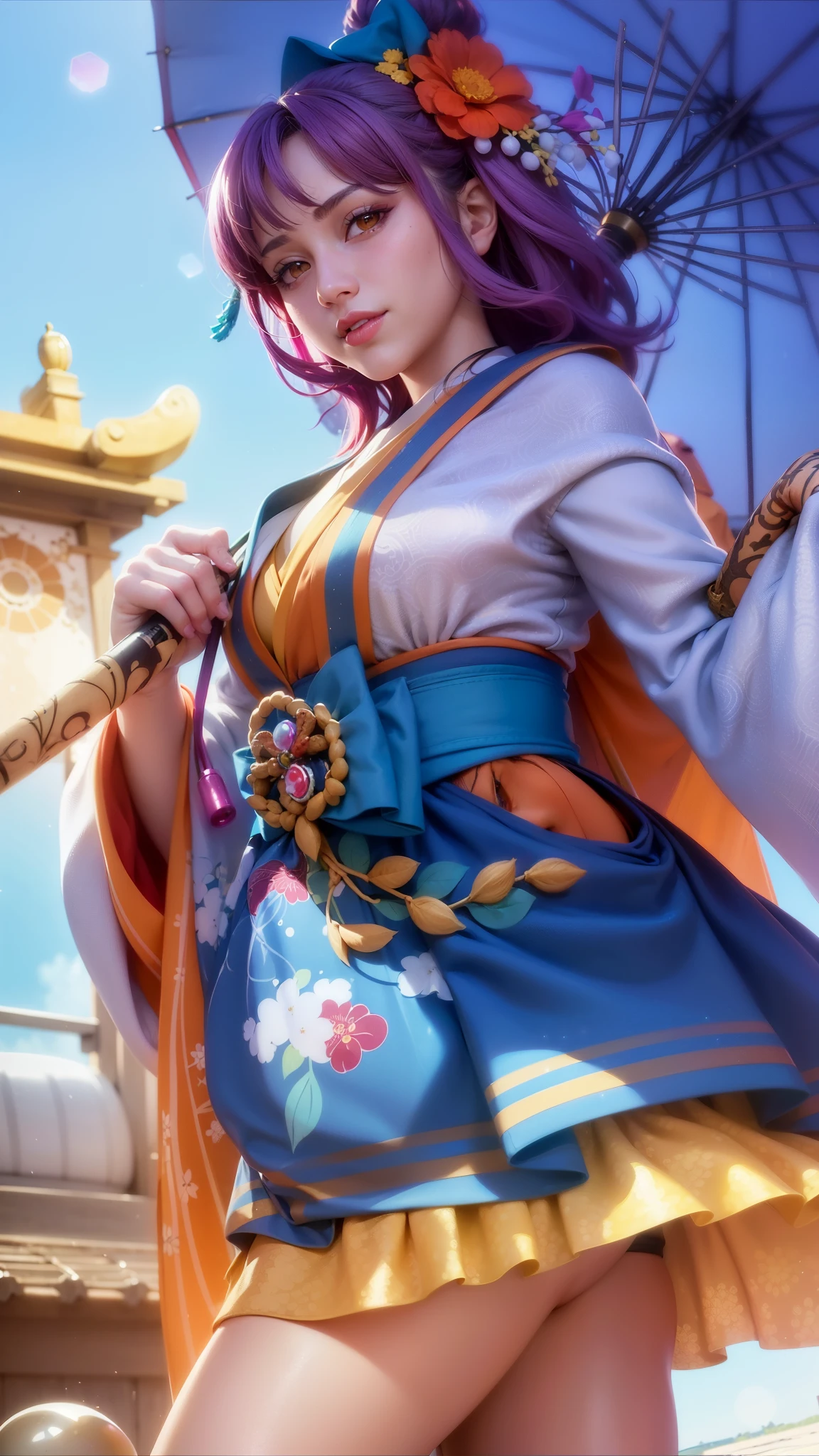 girl with purple hair holding a umbrella, red lips glossy, 8k, ultra hd, ultra detailed texture, hyper realistic, masterpiece, detailed texture, detailed face, detailed skin, detailed lighting, (photorealistic:1.5), best quality, beautiful lighting, cinematic lighting, professional lighting, ultra highres, realistic, detailed hair, real hair, high quality, (realskin:1.5), extremely detailed, finely detail, ultra-detailed, smile, kimono outfit, yellow eyes.