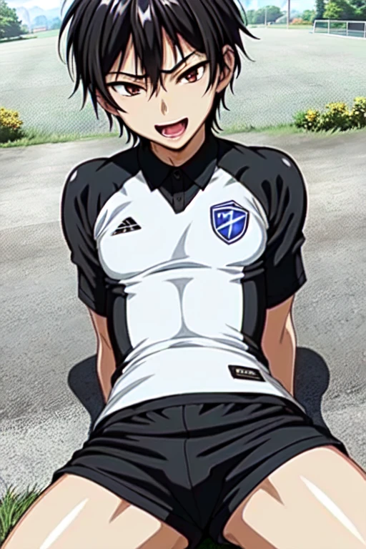 (((official art,Super thin illustration,High resolution, muste piece, best quality,best quality,)))high quality, detailed, (little boy),12 years old, A young ace striker male idol with a super cute face,A boy as beautiful as Planding, Cool handsome face with a smile, soccer spike, long legs, thighs, Foots, No bulge, (black hair、short hair)、shiny hair, (Tight shiny random color soccer uniform suit), (tight and shiny soccer shorts), (soccer socks), grassy area, cool pose, (厚いthighs、Seducing a big ass into your crotch)、(((soccer field in the park:1.2)))、((Saucy))、grinning grin、spread legs,ultra fine painting, (best quality, In 4K, 8K, High resolution, muste piece:1.2),service shot、((detailedな目:1.2))、showing off his big butt、proud butt、