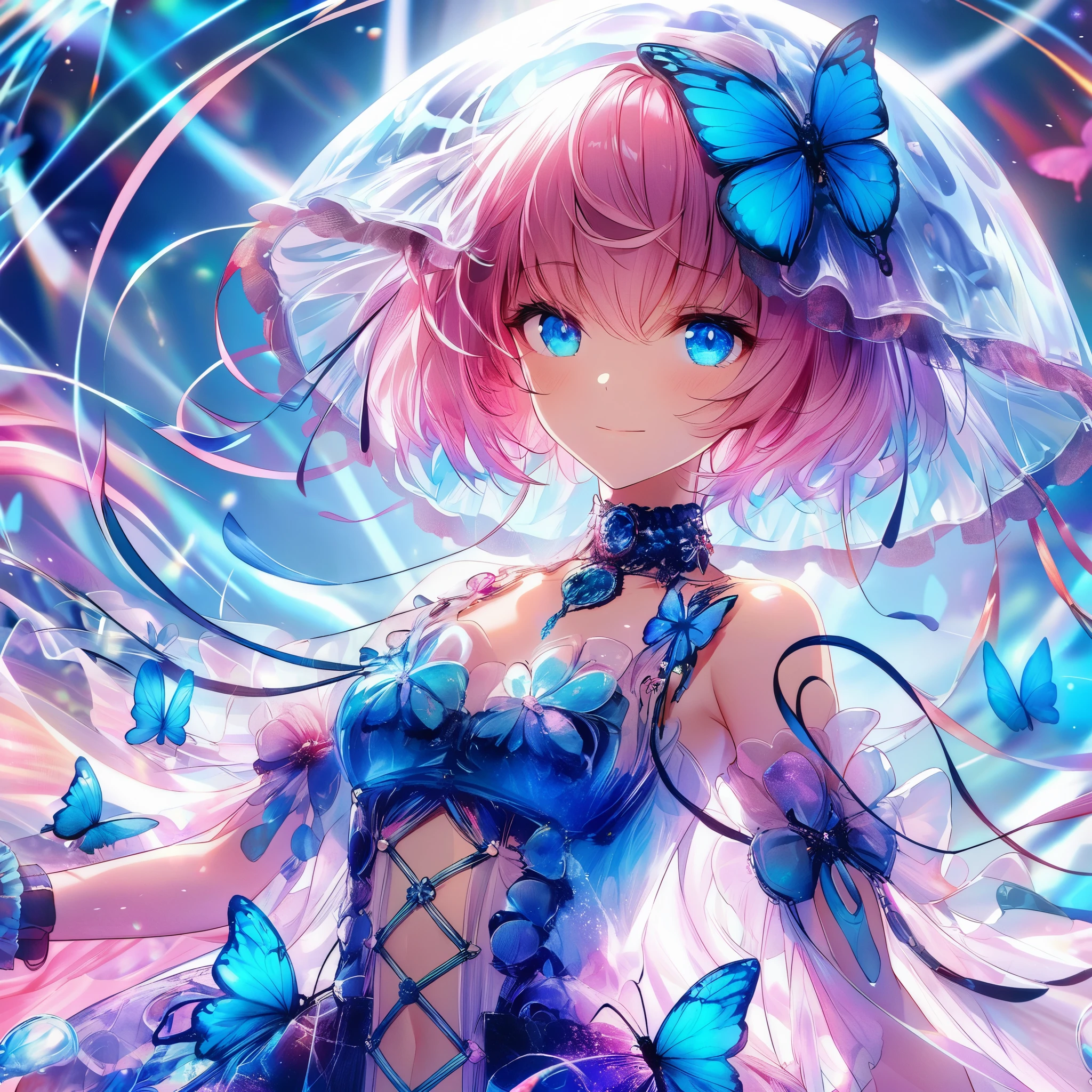 "In a vivid anime scene, a girl with pink bobbed hair and blue eyes radiates confidence while wearing a jellyfish costume, blending serenity with her spirited demeanor. Her outfit, a unique mix of punk and marine life, is accented with blue butterfly accessories. Amidst a whirlwind of chaos, she stands out with her clear jellyfish attire, symbolizing tranquility in turmoil. The dynamic background of abstract energy, enhanced by a halo of light and colorful streaks, emphasizes