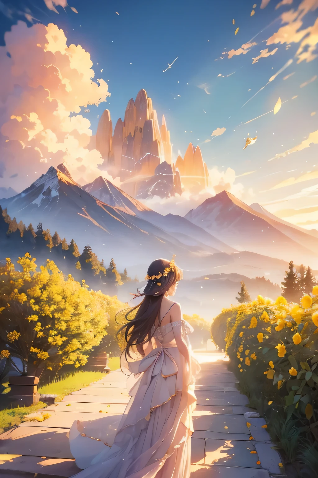 Amidst a tranquil garden, golden petals of yellow roses sway gently in the morning breeze, casting a radiant glow upon the surrounding landscape. Beneath the canopy of these luminous blooms, a solitary tree reaches skyward, offering a unique vantage point to behold the distant mountains veiled in mist.

From the tree's perspective, the mountains emerge like ancient sentinels, their peaks obscured by wisps of ethereal clouds. As the sun ascends from behind the majestic peaks, its warm rays kiss the fluffy clouds, painting the sky in hues of soft pink and apricot. A sense of serenity envelops the scene, inviting viewers to lose themselves in the tranquil beauty of the moment.

Illustrated in the enchanting art style reminiscent of the beloved anime film "Your Name," depict this idyllic landscape with meticulous attention to detail and a touch of whimsy. Let the colors radiate with warmth and vibrancy, capturing the delicate beauty of the yellow roses and the majestic allure of the distant mountains. Infuse the image with a sense of wonder and tranquility, transporting viewers to a realm where time seems to stand still, and nature's splendor reigns supreme.