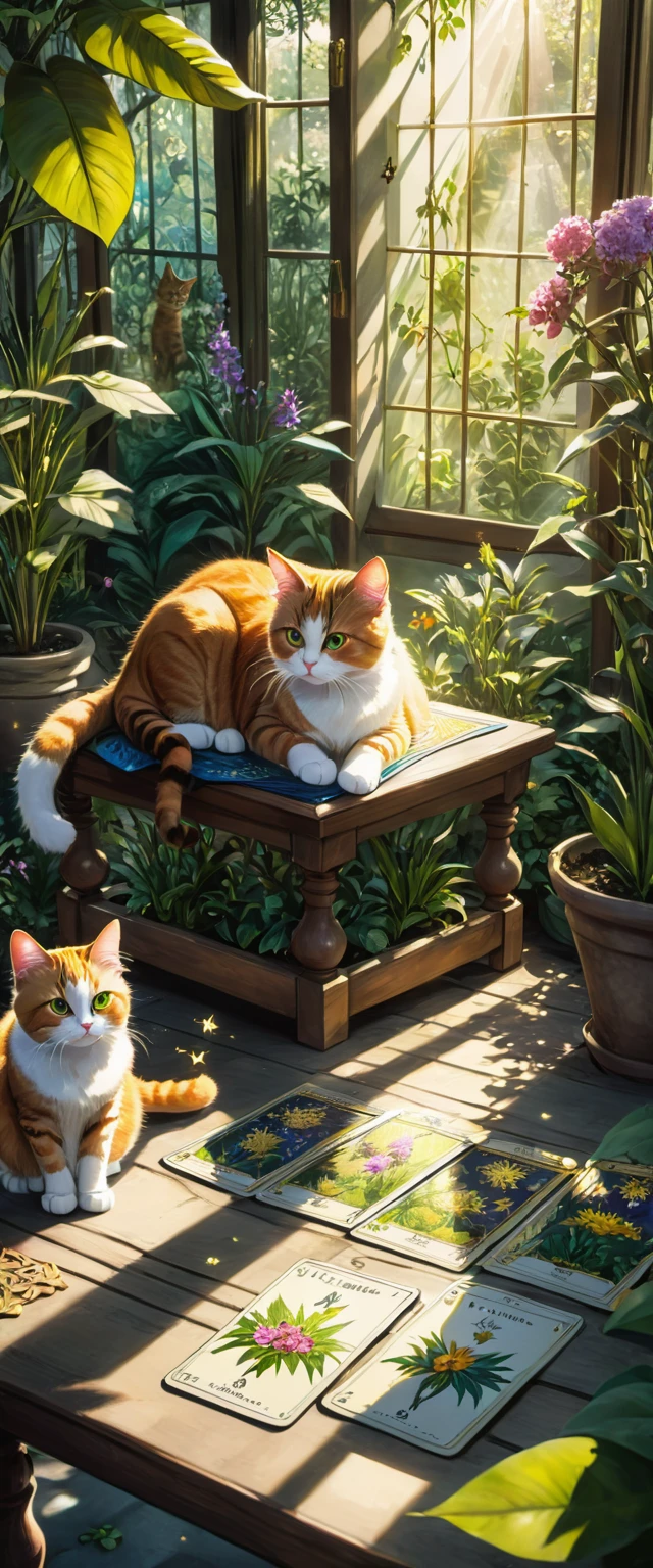 in a beautiful botanical garden，There&#39;s a tarot parlor and some cats，Attention to detail，beautiful light and shadow，photography.