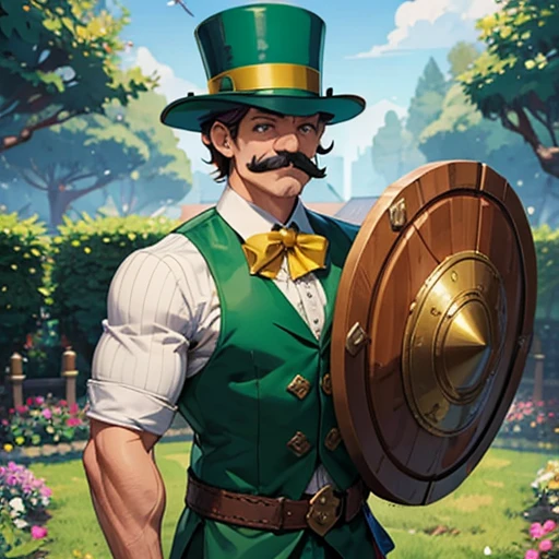 Muscular ,Man, wooden shield, green top hat, mustache,smiling,pixel art,side garden,yellow eyes,shirt,Magical plant roots coming out of its heart