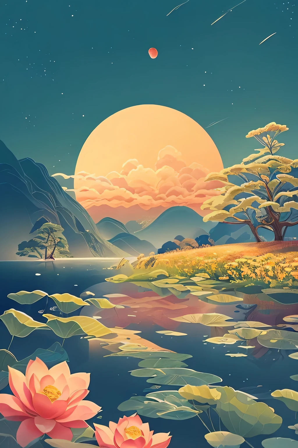 Amidst a tranquil garden, golden petals of yellow roses sway gently in the morning breeze, casting a radiant glow upon the surrounding landscape. Beneath the canopy of these luminous blooms, a solitary tree reaches skyward, offering a unique vantage point to behold the distant mountains veiled in mist.
From the tree's perspective, the mountains emerge like ancient sentinels, their peaks obscured by wisps of ethereal clouds. As the sun ascends from behind the majestic peaks, its warm rays kiss the fluffy clouds, painting the sky in hues of soft pink and apricot. A sense of serenity envelops the scene, inviting viewers to lose themselves in the tranquil beauty of the moment.
Illustrated in the enchanting art style reminiscent of the beloved anime film "Your Name," depict this idyllic landscape with meticulous attention to detail and a touch of whimsy. Let the colors radiate with warmth and vibrancy, capturing the delicate beauty of the yellow roses and the majestic allure of the distant mountains. Infuse the image with a sense of wonder and tranquility, transporting viewers to a realm where time seems to stand still, and nature's splendor reigns supreme.
