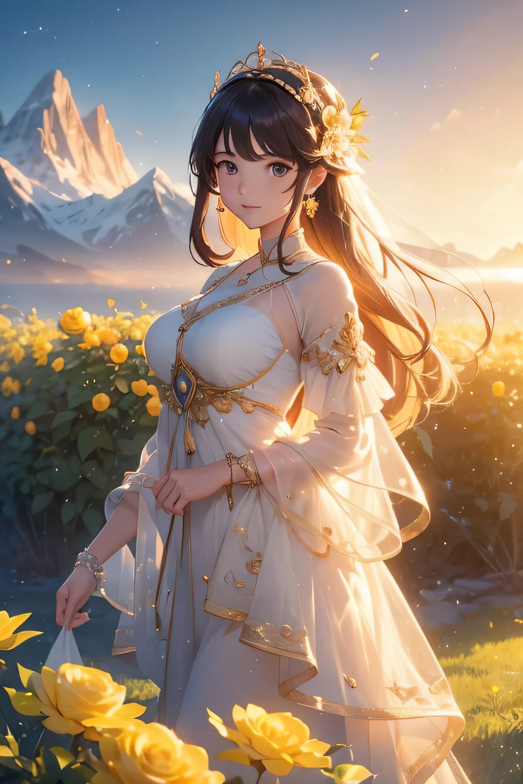 Amidst a tranquil garden, golden petals of yellow roses sway gently in the morning breeze, casting a radiant glow upon the surrounding landscape. Beneath the canopy of these luminous blooms, a solitary tree reaches skyward, offering a unique vantage point to behold the distant mountains veiled in mist.
From the tree's perspective, the mountains emerge like ancient sentinels, their peaks obscured by wisps of ethereal clouds. As the sun ascends from behind the majestic peaks, its warm rays kiss the fluffy clouds, painting the sky in hues of soft pink and apricot. A sense of serenity envelops the scene, inviting viewers to lose themselves in the tranquil beauty of the moment.
Illustrated in the enchanting art style reminiscent of the beloved anime film "Your Name," depict this idyllic landscape with meticulous attention to detail and a touch of whimsy. Let the colors radiate with warmth and vibrancy, capturing the delicate beauty of the yellow roses and the majestic allure of the distant mountains. Infuse the image with a sense of wonder and tranquility, transporting viewers to a realm where time seems to stand still, and nature's splendor reigns supreme.