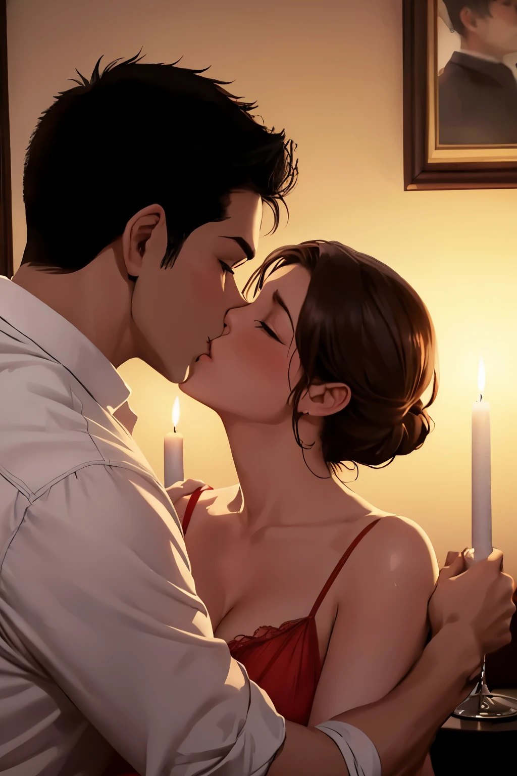 Boy and woman, beautiful woman, kissing each other with passion, in a bedroom, bright room, candles lit, night time,