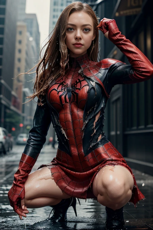 amanda seyfried squatting、マーベル・コミック映画のposter, very beautiful, movies about spiderman, sexy, whole body, I'm wearing a skirt、premiere date, poster、belly buttonを突き出す、new york、she&#39;s wearing a torn spiderman suit,the suit is torn、wearing a skirt、 red and black color scheme,dynamic、masterpiece、highest quality、super detailed、very detailed、Detailed beautiful shine、超A high resolution、cinematic,tear,teardrop,(torn clothes:1.5), (wet clothes:1.4), bare shoulders,real rain,wet hair,belly button、exposing skin、sexyな肩を見せてる
