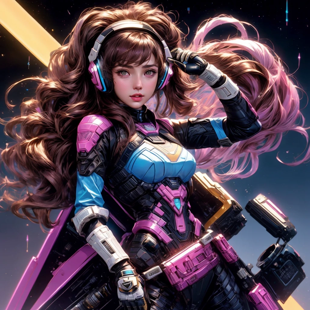 Masterpiece, Best Quality, High Resolution, 1girl [Elizabeth II:Gal Gadot:0.4], Super High Resolution, Solo, Mech Pilot, D.VA, Headphones, Pink Eyes, Blue Tights, Brown Hair, White Gloves, Cat Face Adornament,