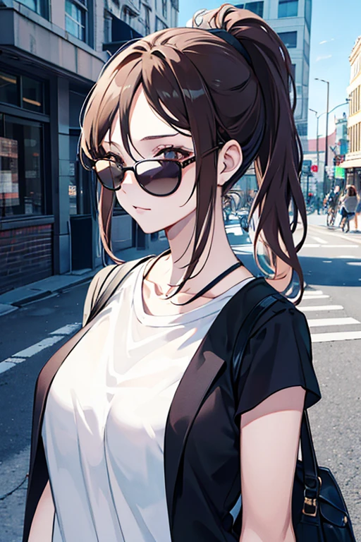 COOL woman 47 years old: 1.3, Ponytail: 1.2, Casual wear: 1.2, Sunglasses: 1.2, Daytime: 1.2, Street: 1.2, Film lighting, Surrealism, UHD, ccurate, Super detail, textured skin, High detail, Best quality, 8k