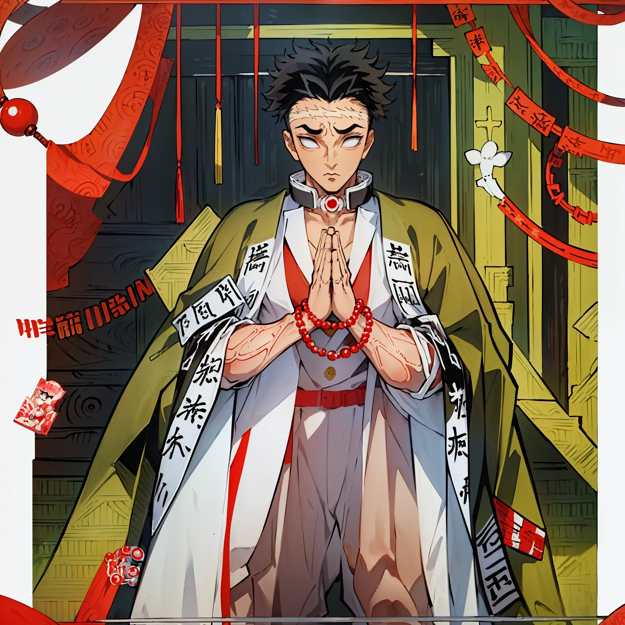 (masterpiece, best quality:1.2), kimetsu no yaiba style, Gyomei, (1man, solo), Mature Male, upper body, Black Hair, (no eyes, white pupils, white eyes, blind), red Buddha beads around neck, black and white Demon Slayer uniform, Olive Green Haori, horizontal scar on forehead