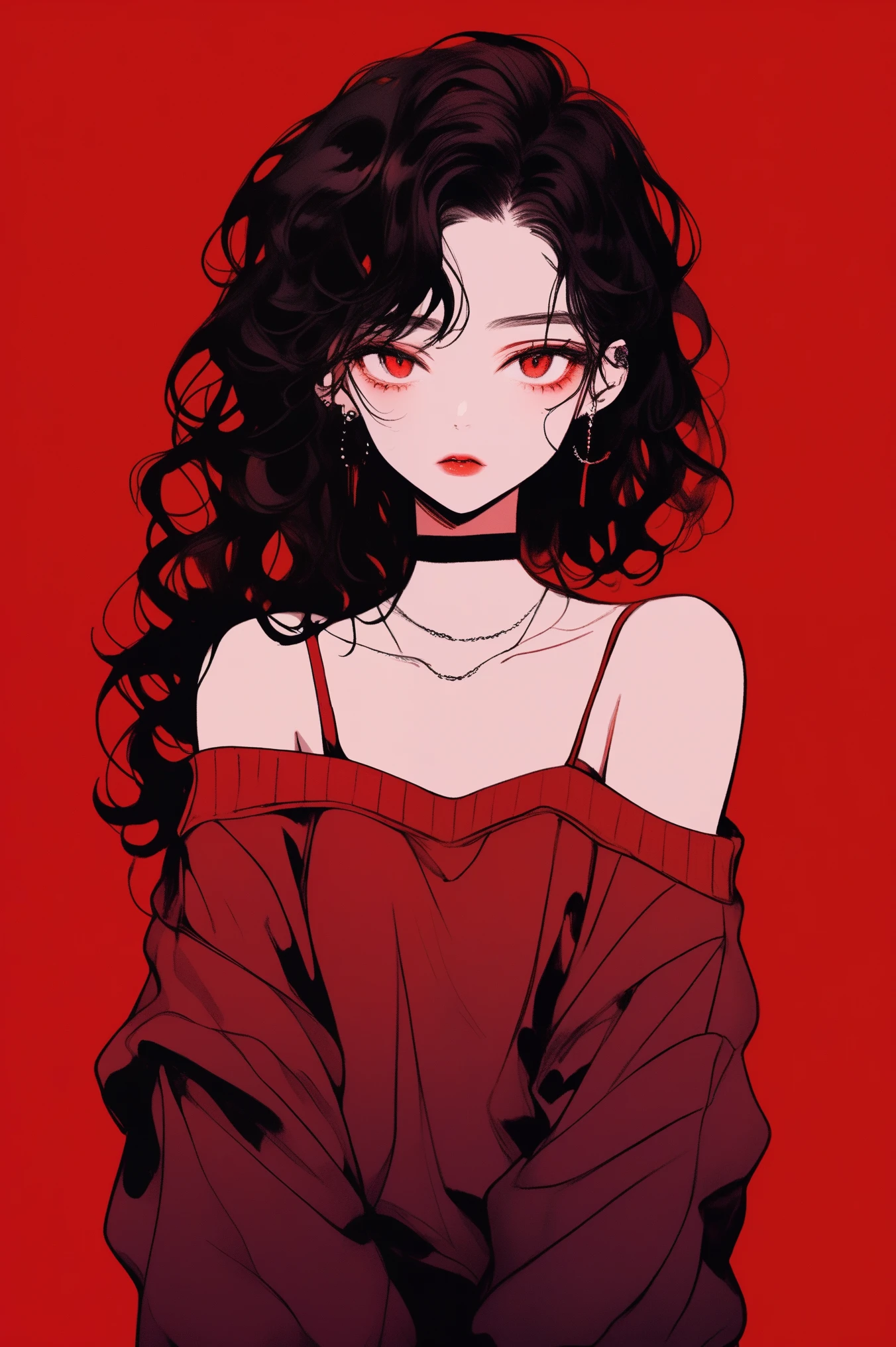 bare shoulders,Sexy, split,1 girl,portrait, curls,Simple background, lips, spark ,lower style, camisole, Pullover sweater , actual,Inside the villa, steamy, steam , sad,Dark red gradient background, (masterpiece,best quality)