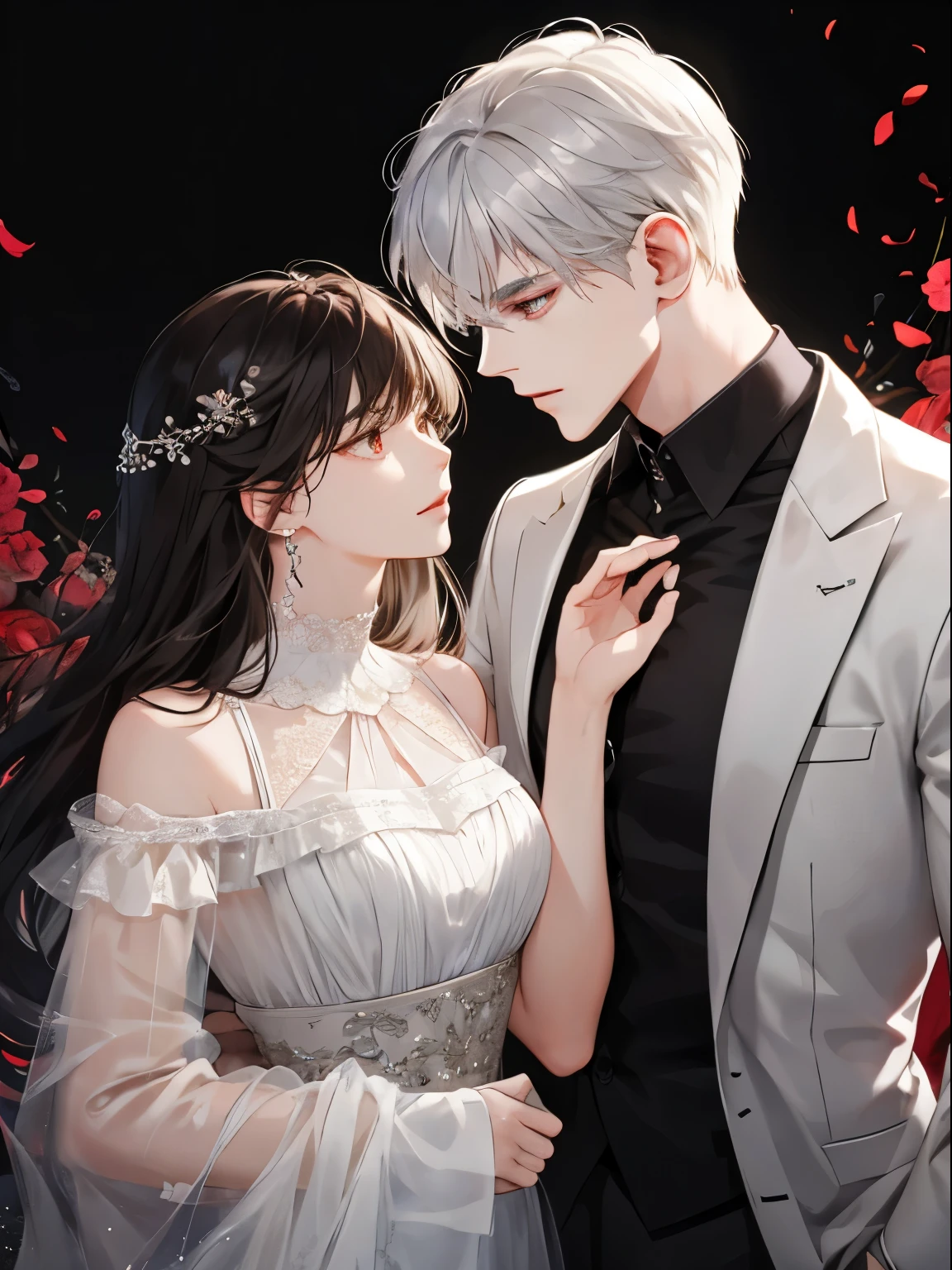 (Delicate and extremely beautiful:1.2), 8k, (Masterpiece, the best:1.0), two men, one woman, upper body, black hair, silver hair, red dark hair, love triangle, 2 male 1 female - love triangle, black woman hair