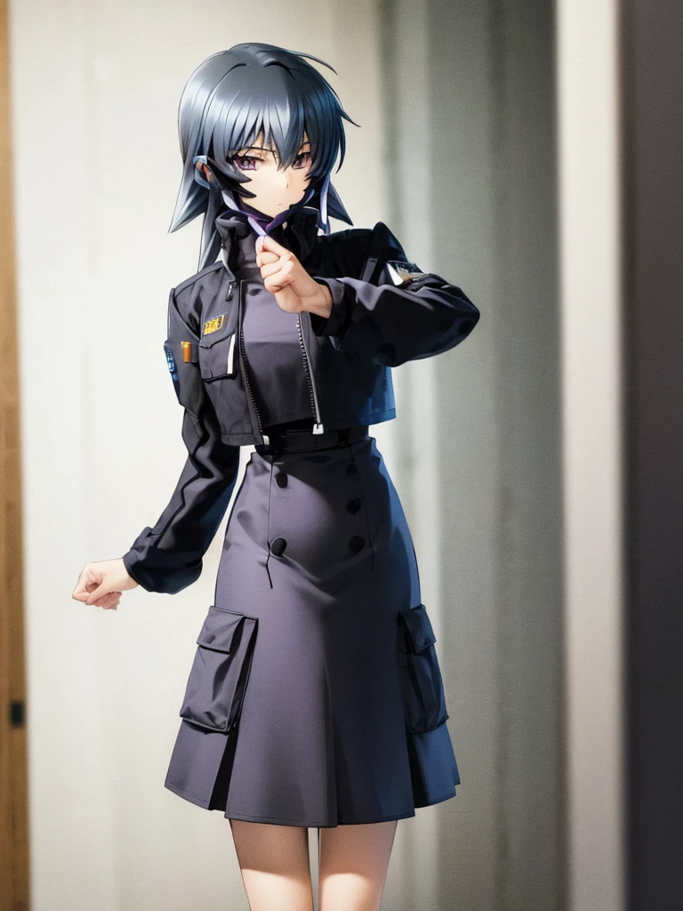 Ayamine Kei , (((highres official art))) , (((muv-luv))) , (((1girl))) , black hair , purple eyes , looking at viewer , skirt, simple background, long sleeves , white background, closed mouth, standing, jacket, white shirt, military uniform , military black jacket, clenched hand , high-waist skirt , (((cowboy shot)))