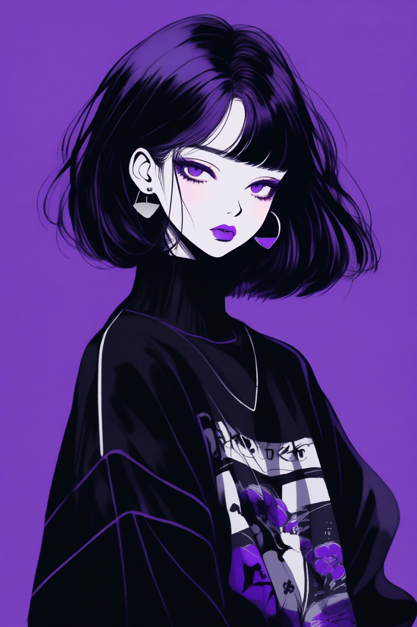 (best quality, sketch:1.2), Dark monochrome background, Japanese cartoons,illustrator,Japanese cartoons,1 girl, delicate lips,sweater,custom,background completely Black, neon hair,Texture cropping,Canadian, masterpiece, Style retro classic, deep black, Art, sketch book, (bob hair purple:1.35, Black:1.55), bad woman 