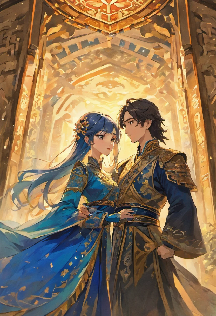 An intimate encounter between a man and a woman unfolds in a heartwarming and enchanting scene.。The stage is、steppe of central asia。The banks of the great river sparkling in the sunlight。Fantastic and majestic continental scenery。Creates a romantic atmosphere。 They stand facing each other,。their heights are different from each other。 emphasizes their unique physical characteristics。 That man is his height,Has dark hair that frames his striking face。The man is the crown prince of a steppe nomadic empire.。The man was wearing an ultramarine costume.、It is decorated with intricate golden embroidery.。A woman is a civilian in the oasis and is wearing Uyghur national costume.。The woman is delicate and .。Show off your radiant beauty with flowing, brightly colored hair. Their lips meet in a passionate kiss。 their pure love、Emphasis is placed on transcending class and culture.。 This magical moment captures the essence of their love,。evokes a feeling of sweetness and enchantment。Japanese girl manga patterns、symbolism、Impressionism、romantic、Persian miniature、Reminiscent of the style of Alma Tadema and Gustave Moreau、It has an exotic, luxurious and profound charm.。