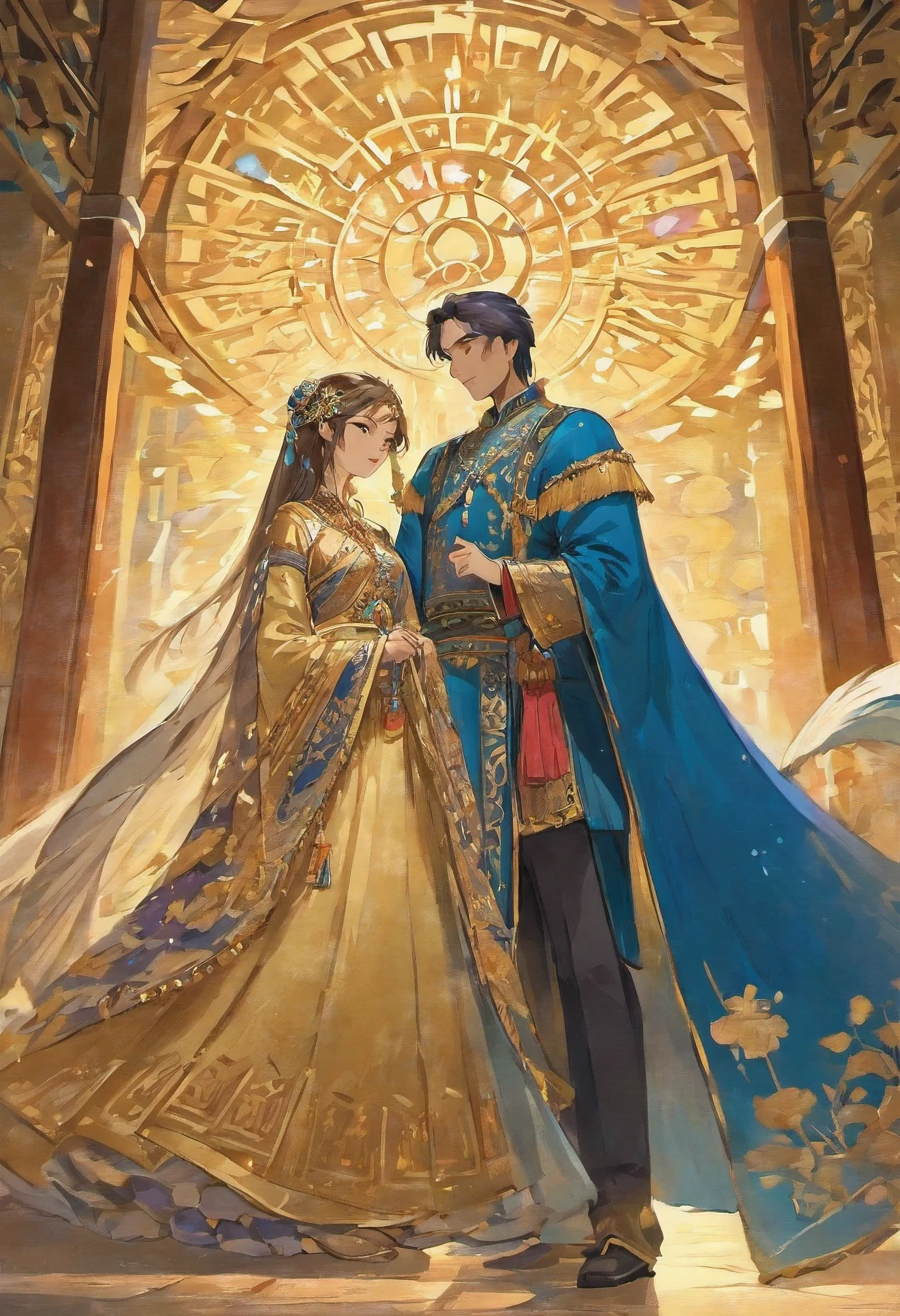 An intimate encounter between a man and a woman unfolds in a heartwarming and enchanting scene.。The stage is、steppe of central asia。The banks of the great river sparkling in the sunlight。Fantastic and majestic continental scenery。Creates a romantic atmosphere。 They stand facing each other,。their heights are different from each other。 emphasizes their unique physical characteristics。 That man is his height,Has dark hair that frames his striking face。The man is the crown prince of a steppe nomadic empire.。The man was wearing an ultramarine costume.、It is decorated with intricate golden embroidery.。A woman is a civilian in the oasis and is wearing Uyghur national costume.。The woman is delicate and .。Show off your radiant beauty with flowing, brightly colored hair. Their lips meet in a passionate kiss。 their pure love、Emphasis is placed on transcending class and culture.。 This magical moment captures the essence of their love,。evokes a feeling of sweetness and enchantment。symbolism、Impressionism、romantic、Persian miniature、Reminiscent of the style of Alma Tadema and Gustave Moreau、It has an exotic, luxurious and profound charm.。