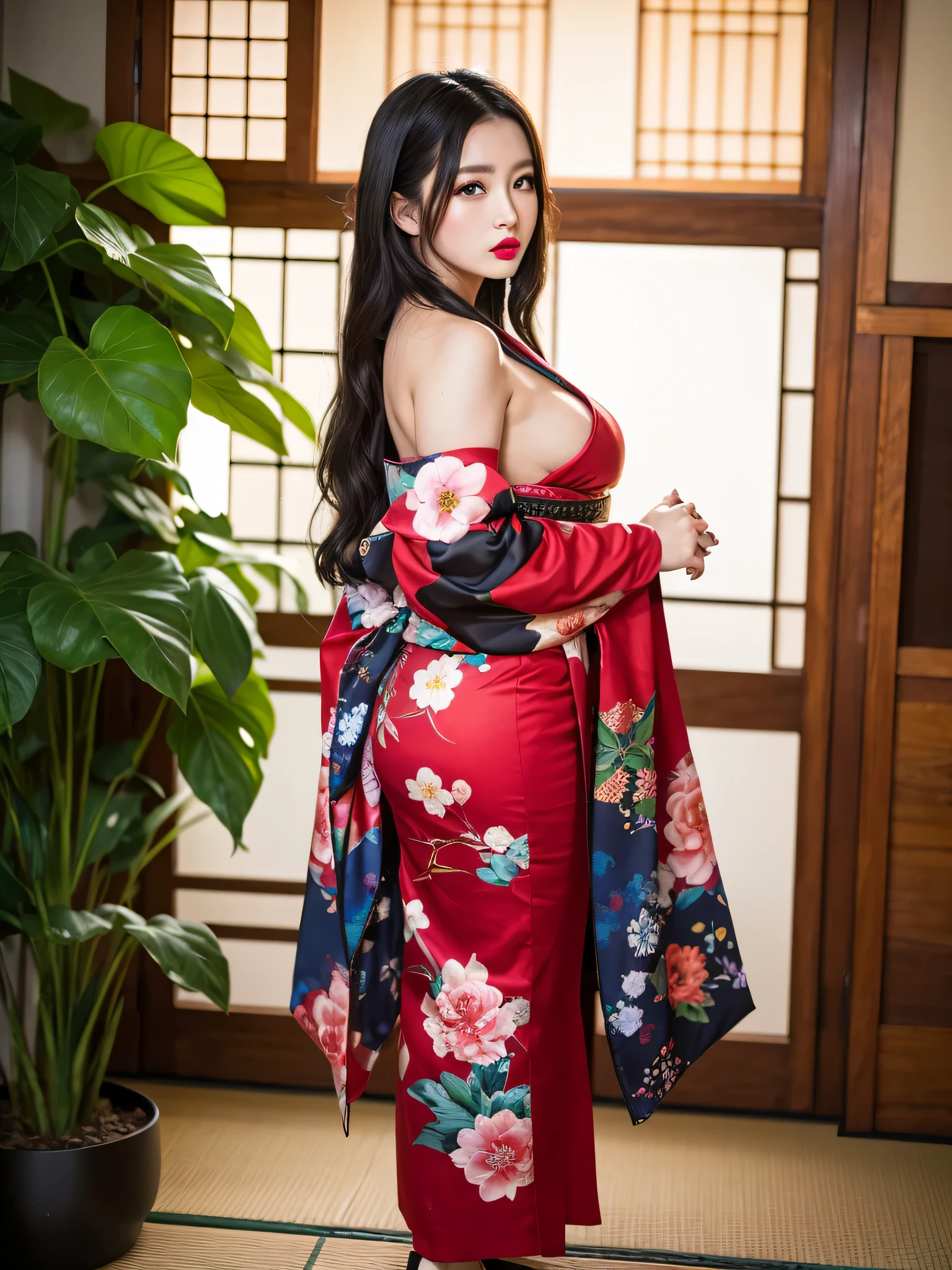masterpiece, best quality, highres, 4k, 8k, ultra detailed, absurdres,vivid contrast, vibrant colors, full body,1girl, black hair, japanese clothes, solo, kimono, long hair, makeup, hair ornament, red eyes, floral print, looking at viewer, red lips, lipstick, kimono, flower, fingernails, floating hair, eyeshadow、valley、big breasts、Photographed in a Japanese-style room、naked, nude, bare