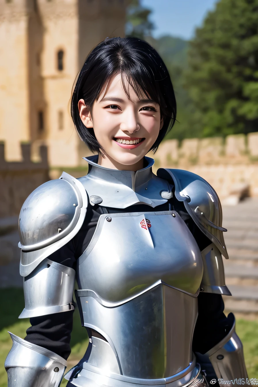 8K、highest quality、female knight、The background is a castle、Luxurious Silver Armor、heavy equipment、black hair、hairstyle short cut、smile、beautiful teeth、full body photo、ear piercing