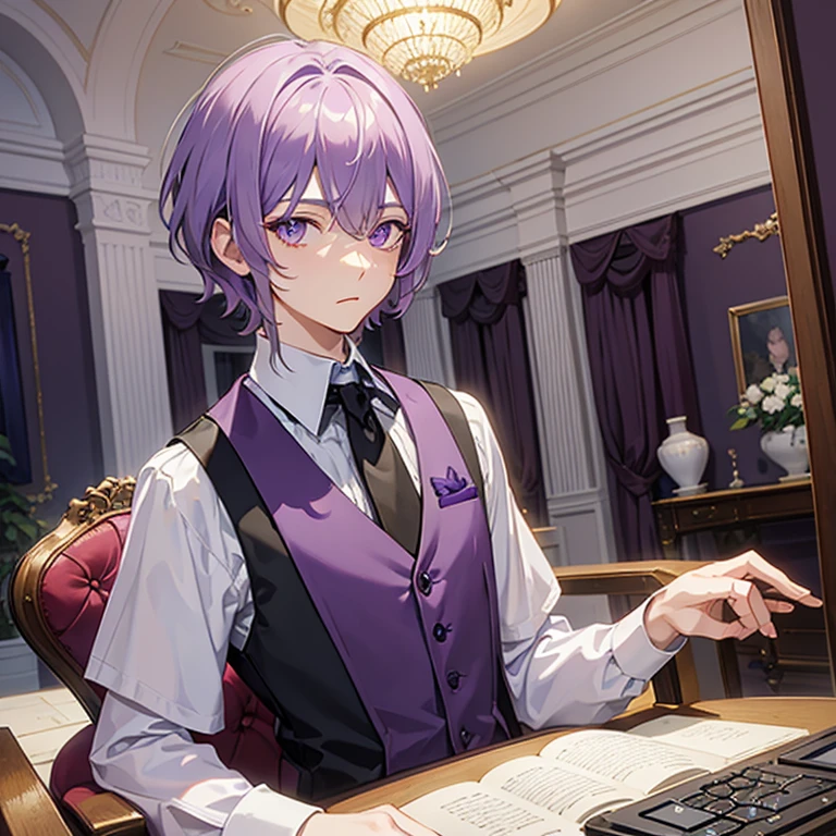 masterpiece, best quality, mansion, indoors, looking at viewer, upper body, 1boy, light violet hair, short hair, male hair, male hairstyle, messy hair, light purple eyes, violet vest, purple shirt, short sleeves, emotionless, computers