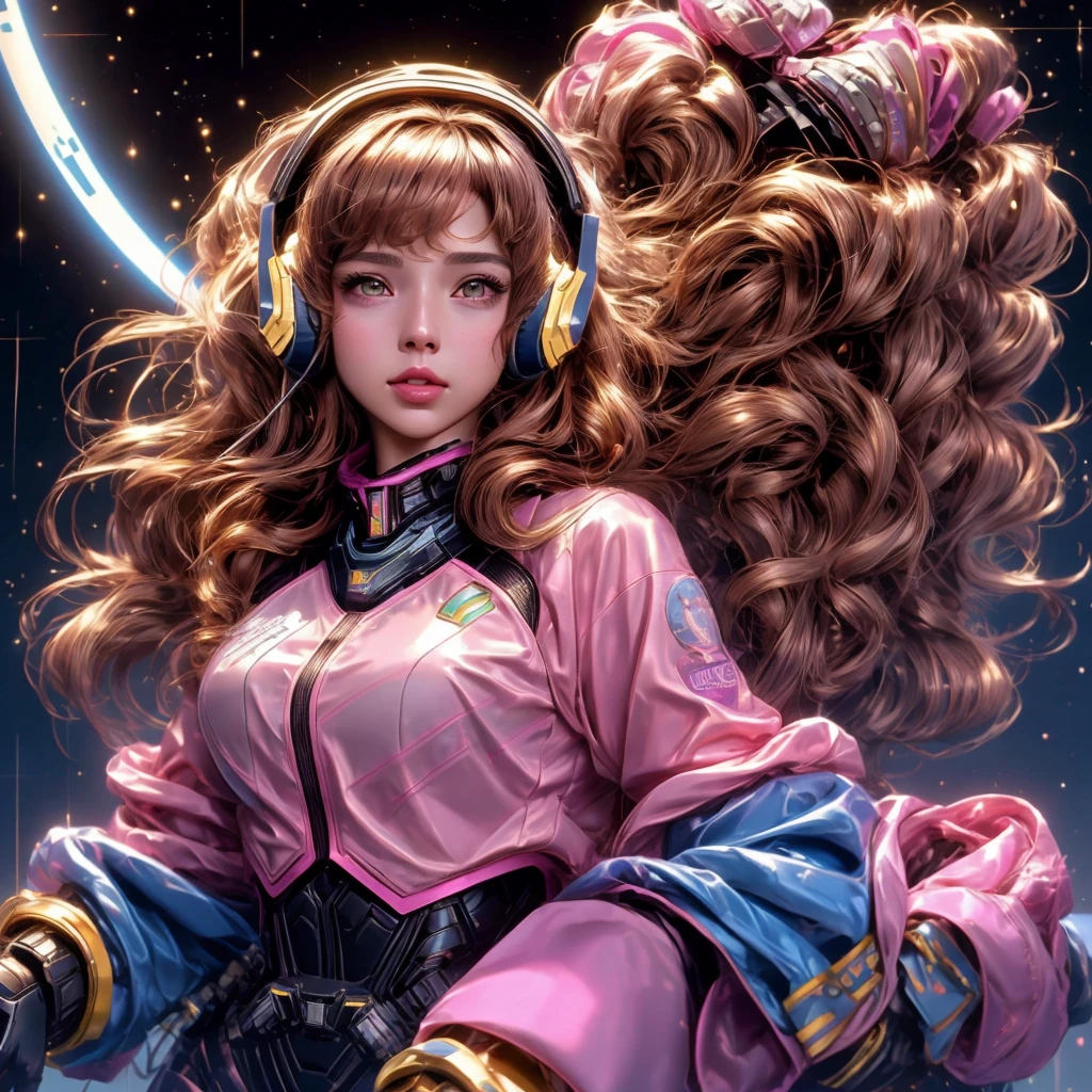 Masterpiece, Best Quality, High Resolution, Golden Hair Style 1girl [Elizabeth II:Gal Gadot:0.4], Super High Resolution, Solo, Mech Pilot, D.VA, Headphones, Pink Eyes, Blue Tights, Brown Hair, White Gloves, Cat Face Adornament,