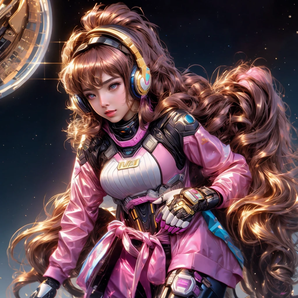 Masterpiece, Best Quality, High Resolution, Golden Hair Style 1girl [Elizabeth II:Gal Gadot:0.4], Super High Resolution, Solo, Mech Pilot, D.VA, Headphones, Pink Eyes, Blue Tights, Brown Hair, White Gloves, Cat Face Adornament,