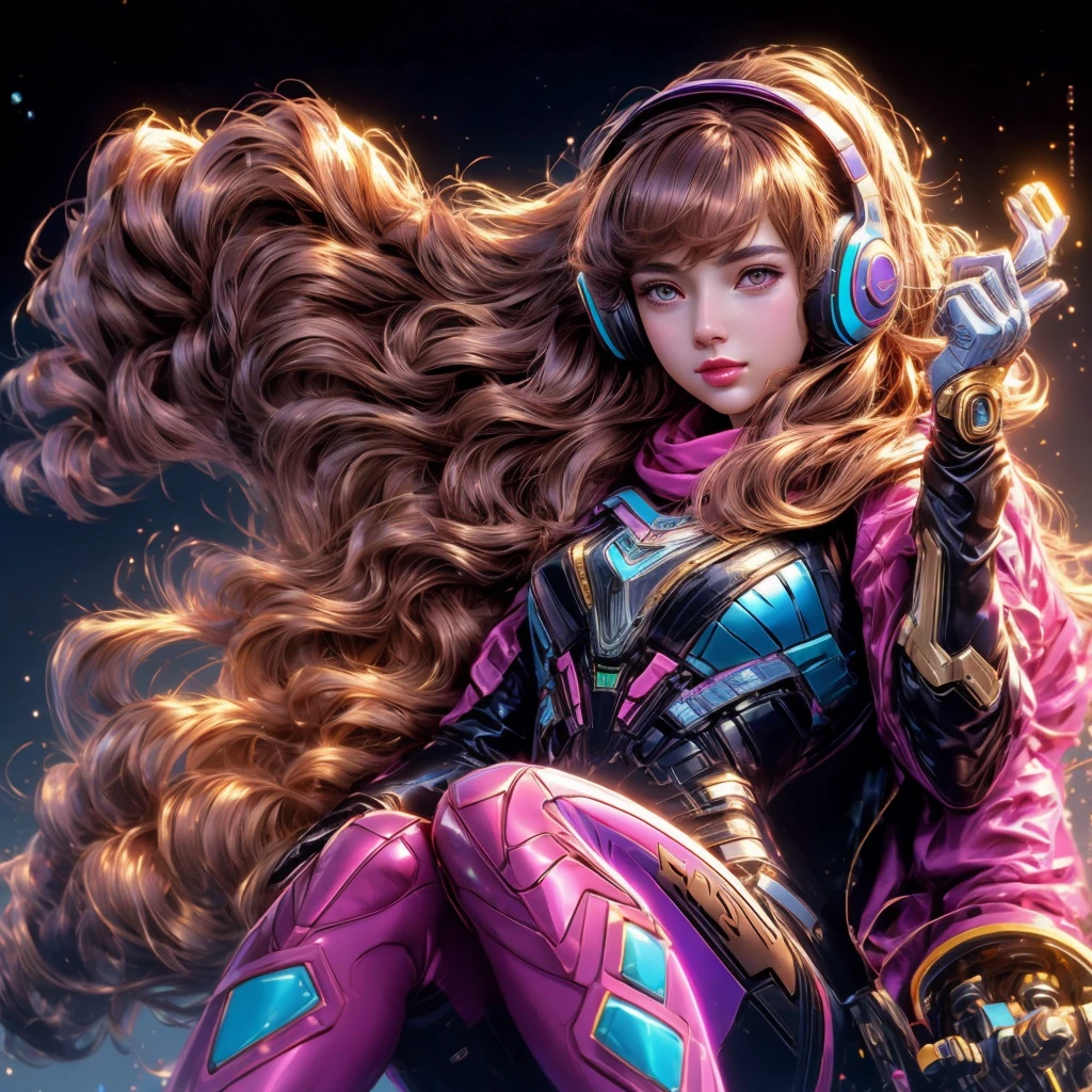 Masterpiece, Best Quality, High Resolution, Golden Hair Style 1girl [Elizabeth II:Gal Gadot:0.4], Super High Resolution, Solo, Mech Pilot, D.VA, Headphones, Pink Eyes, Blue Tights, Brown Hair, White Gloves, Cat Face Adornament,
