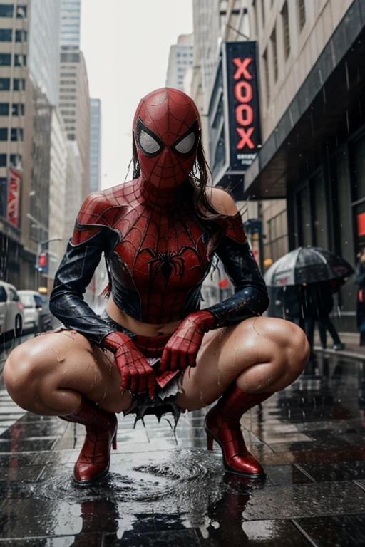Anna Tove、squatting down、マーベル・コミック映画のposter, very beautiful, movies about spiderman, sexy, whole body, I'm wearing a skirt、premiere date, poster、belly buttonを突き出す、new york、she's wearing a torn spiderman suit,the suit is torn、wearing a skirt、 red and black color scheme,dynamic、masterpiece、highest quality、super detailed、very detailed、Detailed beautiful shine、超A high resolution、cinematic,tear,teardrop,(torn clothes:1.5), (wet clothes:1.4), bare shoulders,real rain,wet hair,belly button、exposing skin、sexyな肩を見せてる