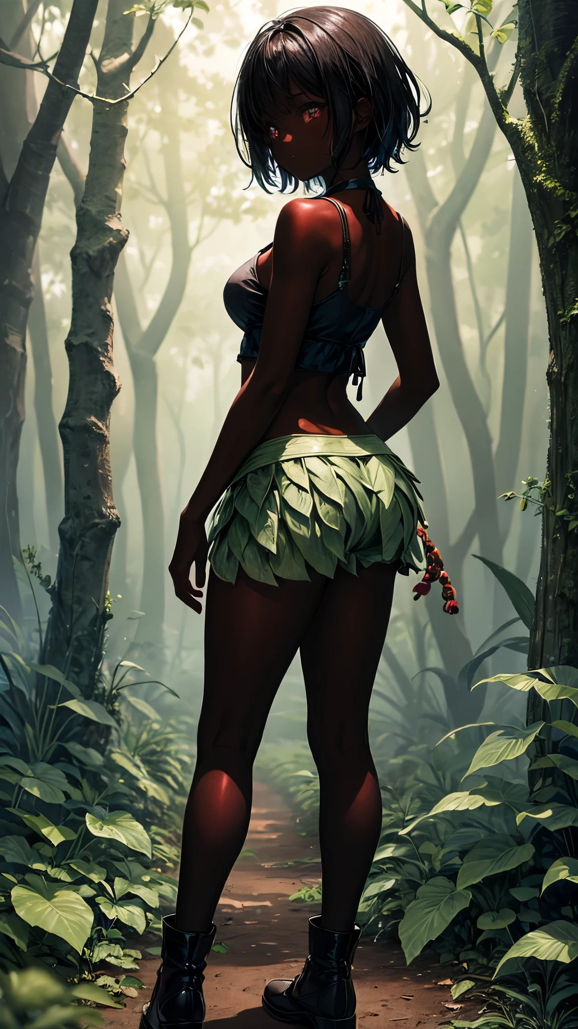 wild girl, dark skin, leaf skirt, forest background
