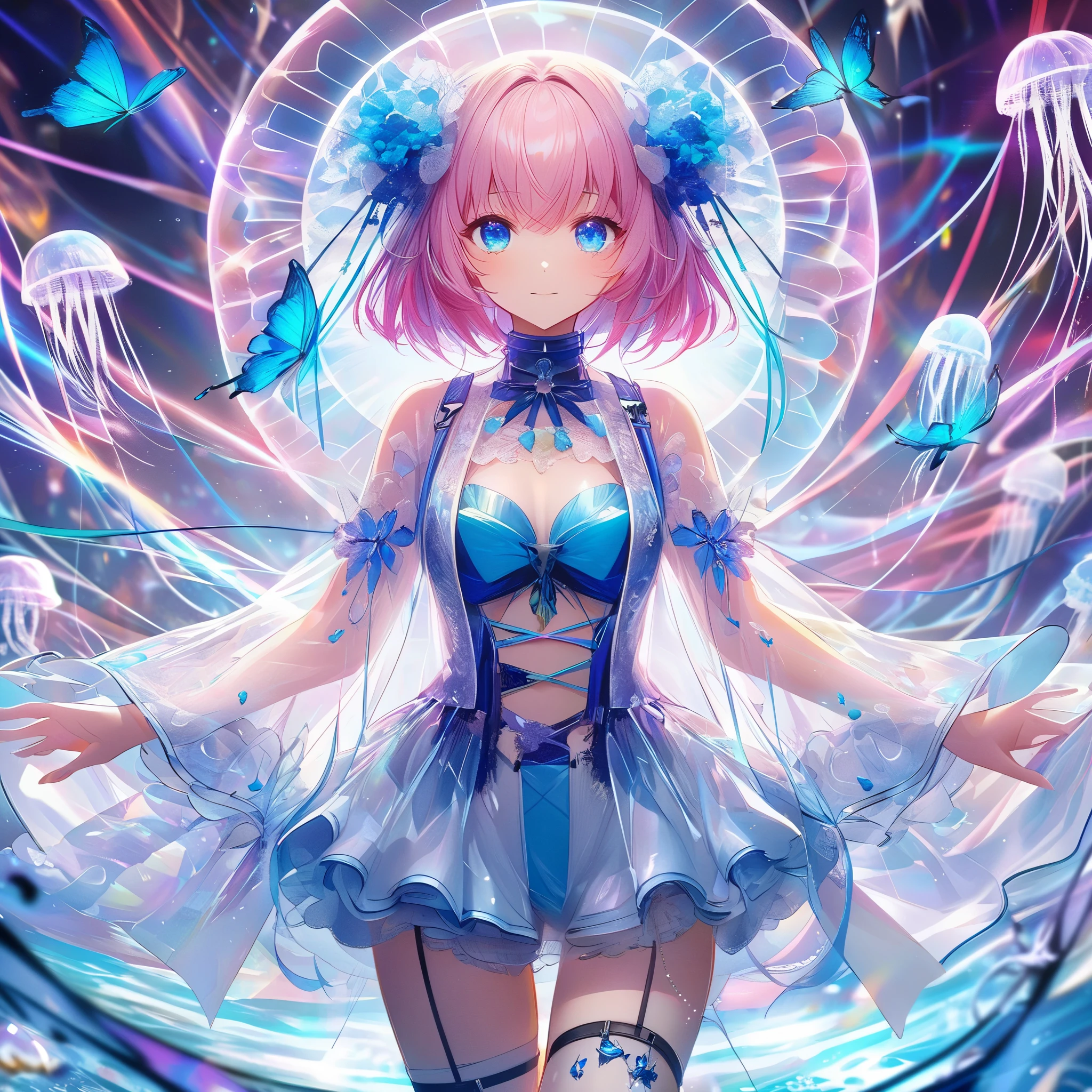 "In a vivid anime scene, a girl with pink bobbed hair and blue eyes radiates confidence while wearing a jellyfish costume, blending serenity with her spirited demeanor. Her outfit, a unique mix of punk and marine life, is accented with blue butterfly accessories. Amidst a whirlwind of chaos, she stands out with her clear jellyfish attire, symbolizing tranquility in turmoil. The dynamic background of abstract energy, enhanced by a halo of light and colorful streaks, emphasizes