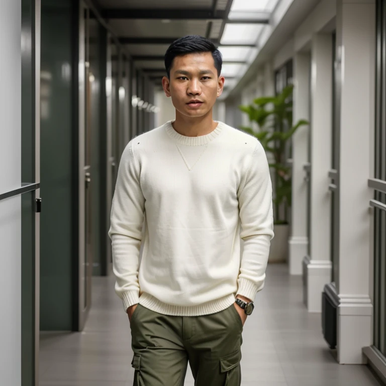 1man, Indonesian, 35yo, clean face, short black undercut hair, wearing white sweater, olive cargo trousers, white sneakers. standing at A corridor, realistic city, security cameras,photo, photography, soft light,best quality,high quality,high detail,16k,HD, 1080P, high quality,detailed decoration, Crazy details,Ultra HD picture quality