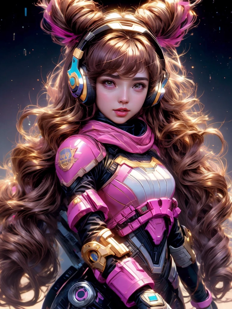 Masterpiece, Best Quality, High Resolution, Golden Hair Style 1girl [Elizabeth II:Gal Gadot:0.4], Super High Resolution, Solo, Mech Pilot, D.VA, Headphones, Pink Eyes, Blue Tights, Brown Hair, White Gloves, Cat Face Adornament,