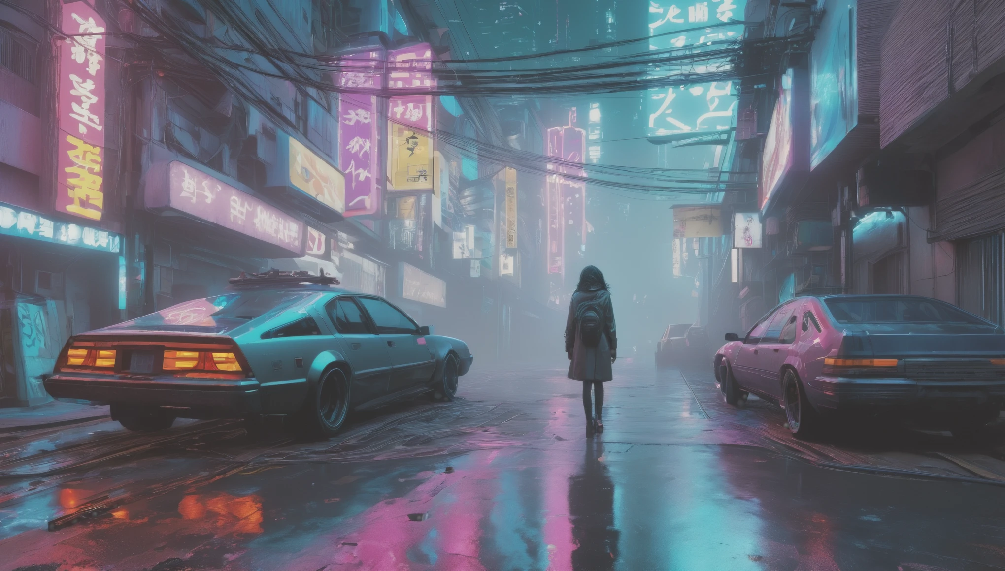 Una mujer hermosa Tiempo de noche, Ciudad Cyberpunk Neo Tokio, Neo Hong Kong, fantasma en la concha, cinematographic lighting, volumetric lighting, Criminales que se demoran, (alto contraste:1.2), reflexiones, 8K, Hyper realistic, enfocado, incredible detail, Motor irreal 5, cinematographic, renderizado de octanaje, trazado de rayos, paisaje, detailed simon stalenhag paisaje