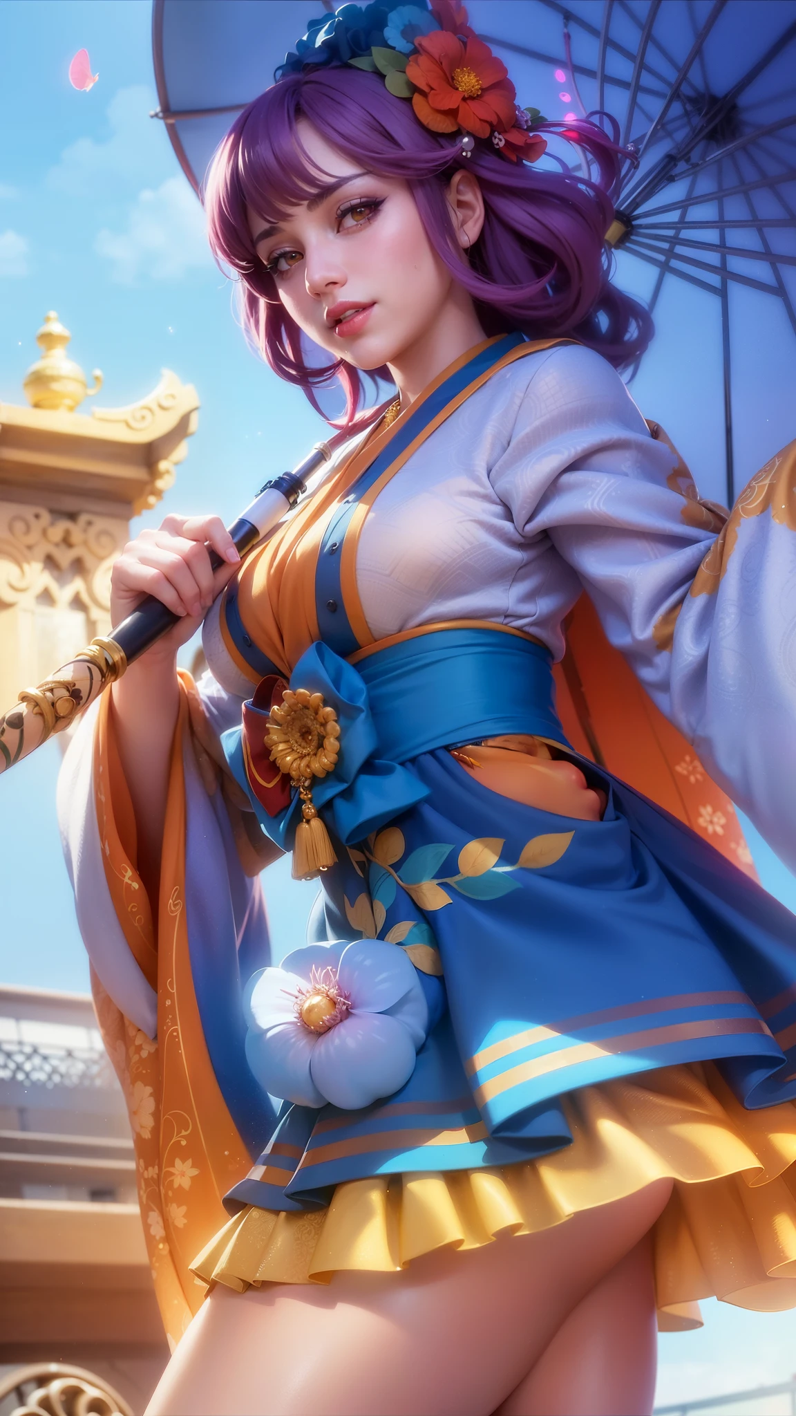 girl with purple hair holding a umbrella, red lips glossy, 8k, ultra hd, ultra detailed texture, hyper realistic, masterpiece, detailed texture, detailed face, detailed skin, detailed lighting, (photorealistic:1.5), best quality, beautiful lighting, cinematic lighting, professional lighting, ultra highres, realistic, detailed hair, real hair, high quality, (realskin:1.5), extremely detailed, finely detail, ultra-detailed, smile, kimono outfit, yellow eyes.