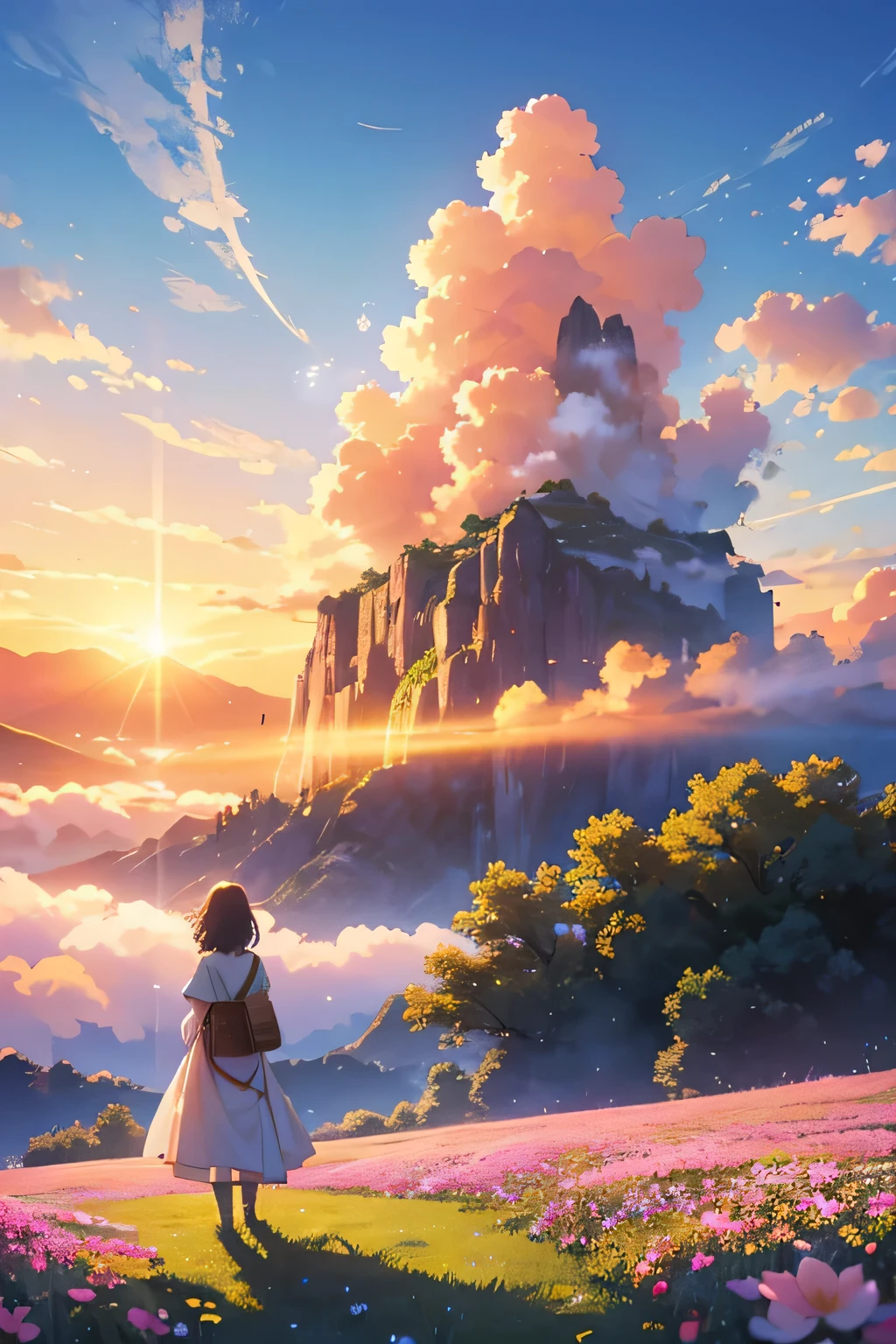 Amidst a serene garden adorned with vibrant yellow roses, each petal glows like drops of sunshine against the verdant backdrop. A solitary tree stands sentinel among the blossoms, its branches reaching towards the heavens, offering a panoramic view of distant mountains shrouded in mist.

From the tree's perspective, the mountains emerge as majestic silhouettes veiled in wisps of cloud, their peaks tantalizingly visible through the ethereal haze. As the sun rises beside the mountain, its gentle rays cast a golden hue upon the landscape, illuminating the fluffy clouds in hues of amber and peach. The scene exudes a sense of tranquil beauty, inviting the viewer to lose themselves in the serenity of the moment.

Rendered in the enchanting art style reminiscent of the beloved anime film "Your Name," capture the essence of this idyllic setting with meticulous detail and a touch of whimsy. Let the colors be warm and inviting, reflecting the softness of morning light filtering through the mist. Infuse the image with a sense of peaceful contemplation, as if the viewer has been transported to a world where nature's beauty reigns supreme and every breath is a reminder of life's precious gifts.