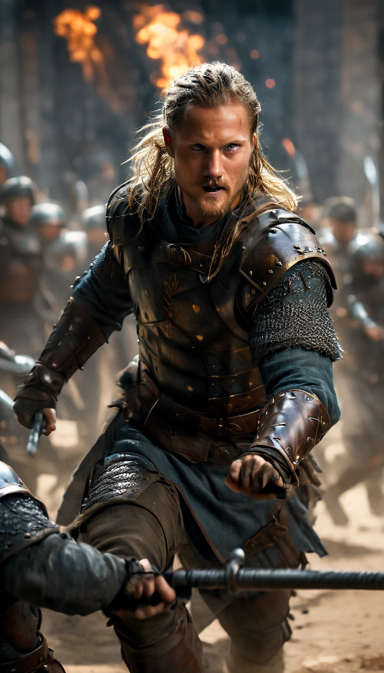 Illustrate Ragnar's sons standing together, clad in armor and wielding weapons, ready for battle, crowd cheering for them , detailed face, detailed face expressions, natural face expressions, face in detail, asymmetrical faced,(tall and slender body), fair and smooth skin, detailed hands, detailed fingers, masterpiece, cinematic lighting, physically based rendering, lens flare, award winning rendering, perfect rendering detail, 8K, realism, detailed background, everything in detail, cinematic shot, dynamic lighting, 75mm, Technicolor, Panavision, cinemascope, fine details, 8k, HDR, realism, realistic, key visual, film still, superb cinematic color grading, depth of field, ,midjourney