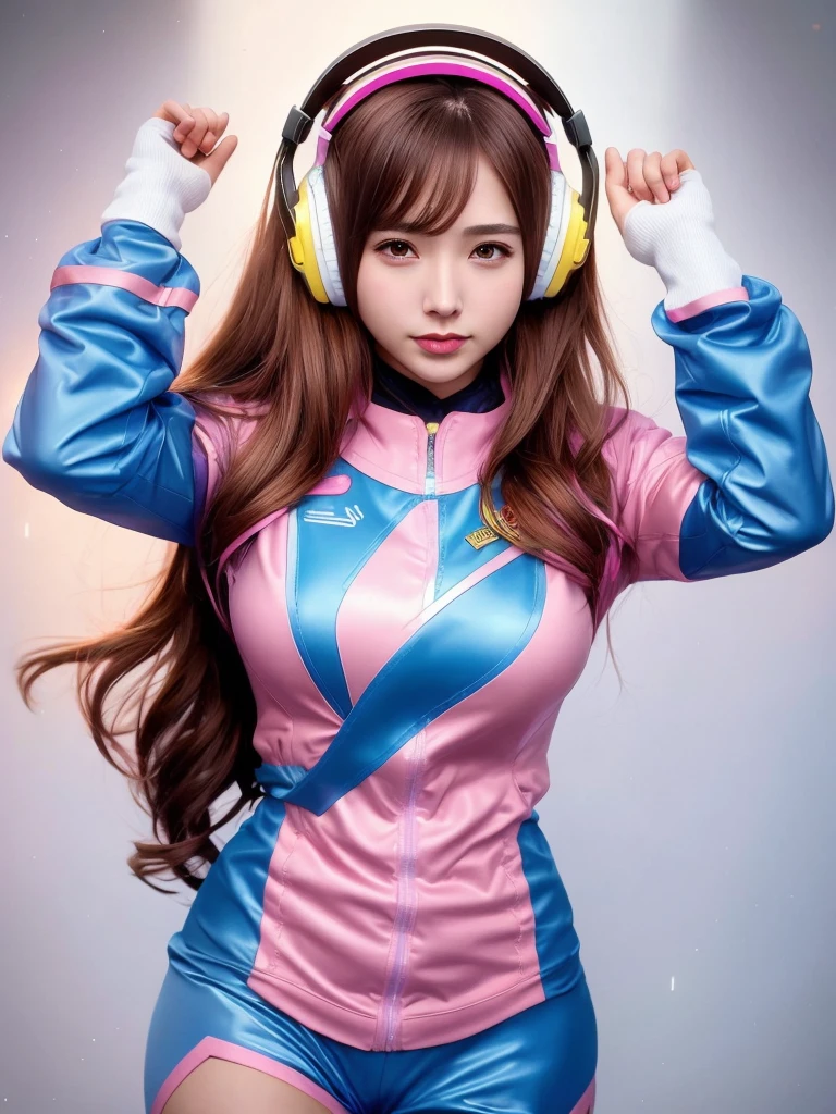 Masterpiece, Best Quality, High Resolution, Blondie 1girl [Elizabeth II:Gal Gadot:0.4], Super High Resolution, Solo, Mech Pilot, D.VA, Headphones, Pink Eyes, Blue Tights, Brown Hair, White Gloves, Cat Face Adornament,