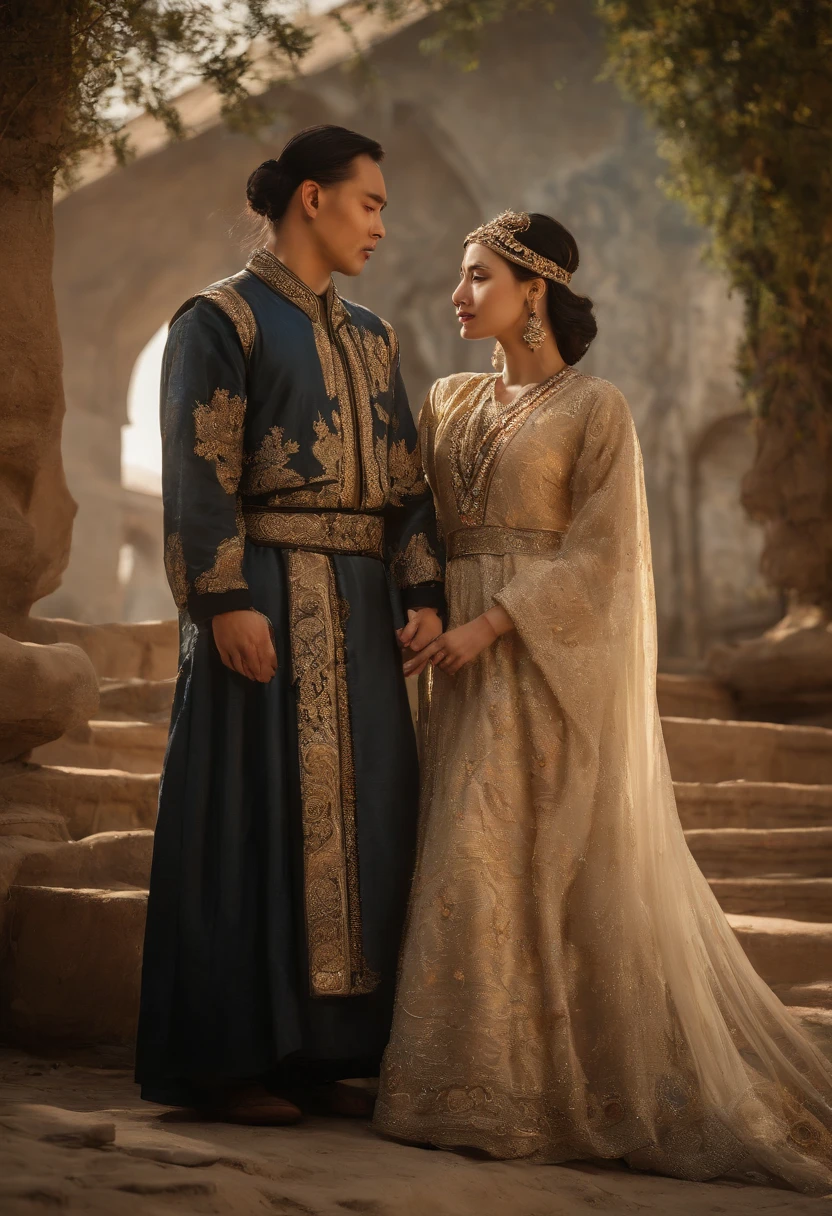 An intimate encounter between a man and a woman unfolds in a heartwarming and enchanting scene.。The stage is、steppe of central asia。The banks of the great river sparkling in the sunlight。Fantastic and majestic continental scenery。Creates a romantic atmosphere。 They stand facing each other,。their heights are different from each other。 emphasizes their unique physical characteristics。 That man is his height,Has dark hair that frames his striking face。The man is the crown prince of a steppe nomadic empire.。The man was wearing an ultramarine costume.、It is decorated with intricate golden embroidery.。A woman is a civilian in the oasis and is wearing Uyghur national costume.。The woman is delicate and .。Show off your radiant beauty with flowing, brightly colored hair. Their lips meet in a passionate kiss。 their pure love、Emphasis is placed on transcending class and culture.。 This magical moment captures the essence of their love,。evokes a feeling of sweetness and enchantment。symbolism、Impressionism、romantic、Persian miniature、Reminiscent of the style of Alma Tadema and Gustave Moreau、delicate、beautiful、It has an exotic, luxurious and profound charm.。
