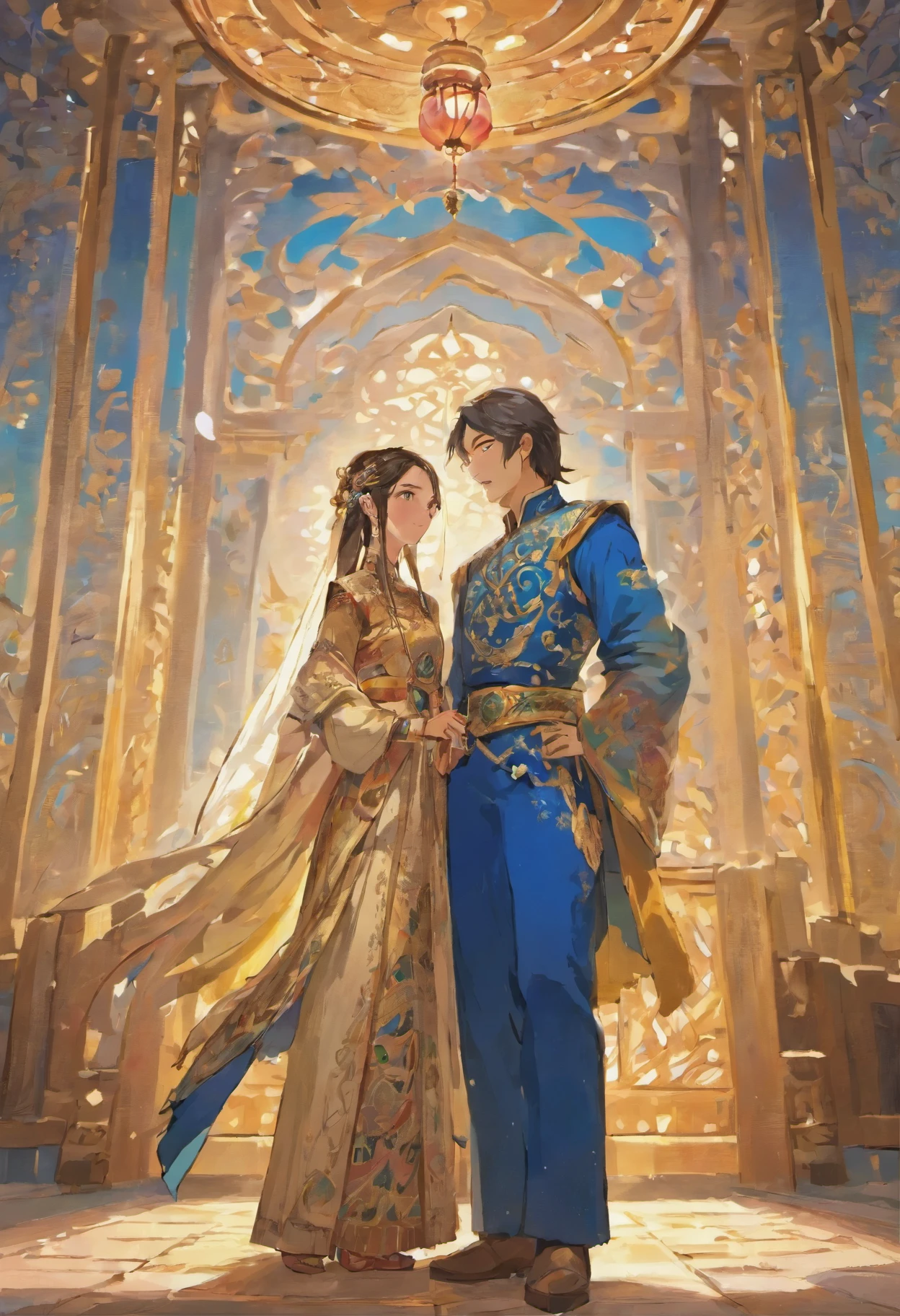 An intimate encounter between a man and a woman unfolds in a heartwarming and enchanting scene.。The stage is、steppe of central asia。The banks of the great river sparkling in the sunlight。Fantastic and majestic continental scenery。Creates a romantic atmosphere。 They stand facing each other,。their heights are different from each other。 emphasizes their unique physical characteristics。 That man is his height,Has dark hair that frames his striking face。The man is the crown prince of a steppe nomadic empire.。The man was wearing an ultramarine costume.、It is decorated with intricate golden embroidery.。A woman is a civilian in the oasis and is wearing Uyghur national costume.。The woman is delicate and .。Show off your radiant beauty with flowing, brightly colored hair. Their lips meet in a passionate kiss。 their pure love、Emphasis is placed on transcending class and culture.。 This magical moment captures the essence of their love,。evokes a feeling of sweetness and enchantment。symbolism、Impressionism、romantic、Persian miniature、Reminiscent of the style of Alma Tadema and Gustave Moreau、delicate、beautiful、It has an exotic, luxurious and profound charm.。