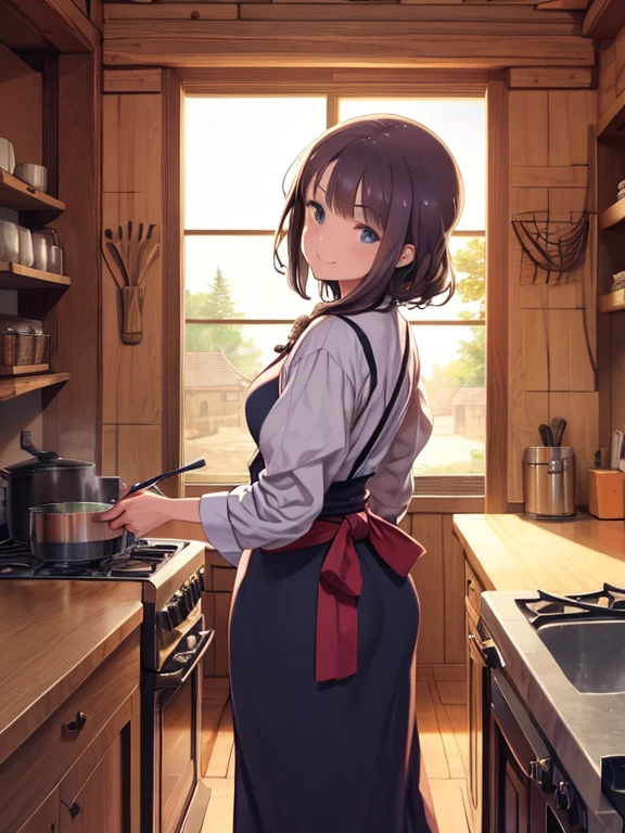 masterpiece, highest quality, Medium wide shot、cowboy shot、1 mature woman、、alone、anime、fantasyな世界のキッチン、stone kiln、old kitchen、cooking、angle from behind、looking back、leaning over、looking at the viewer、smiling、fantasy、Furnace、medieval europe、private house、