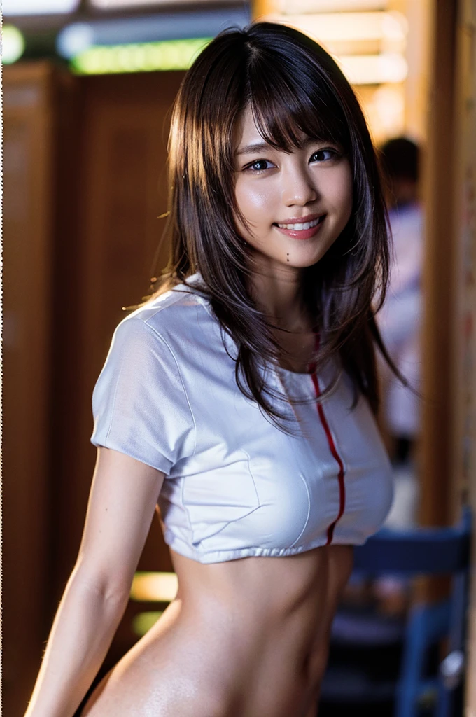(8K, Raw photo, highest quality, masterpiece:1.2), (realistic, photo-realistic:1.37), Super detailed, ultra high resolution,1 girl,looking at the viewer,beautiful and detailed face,smile,narrow,(slim waist:1.3),shirt, Beautiful and smooth skin, skin texture, floating hair,professional lighting、bike girls、