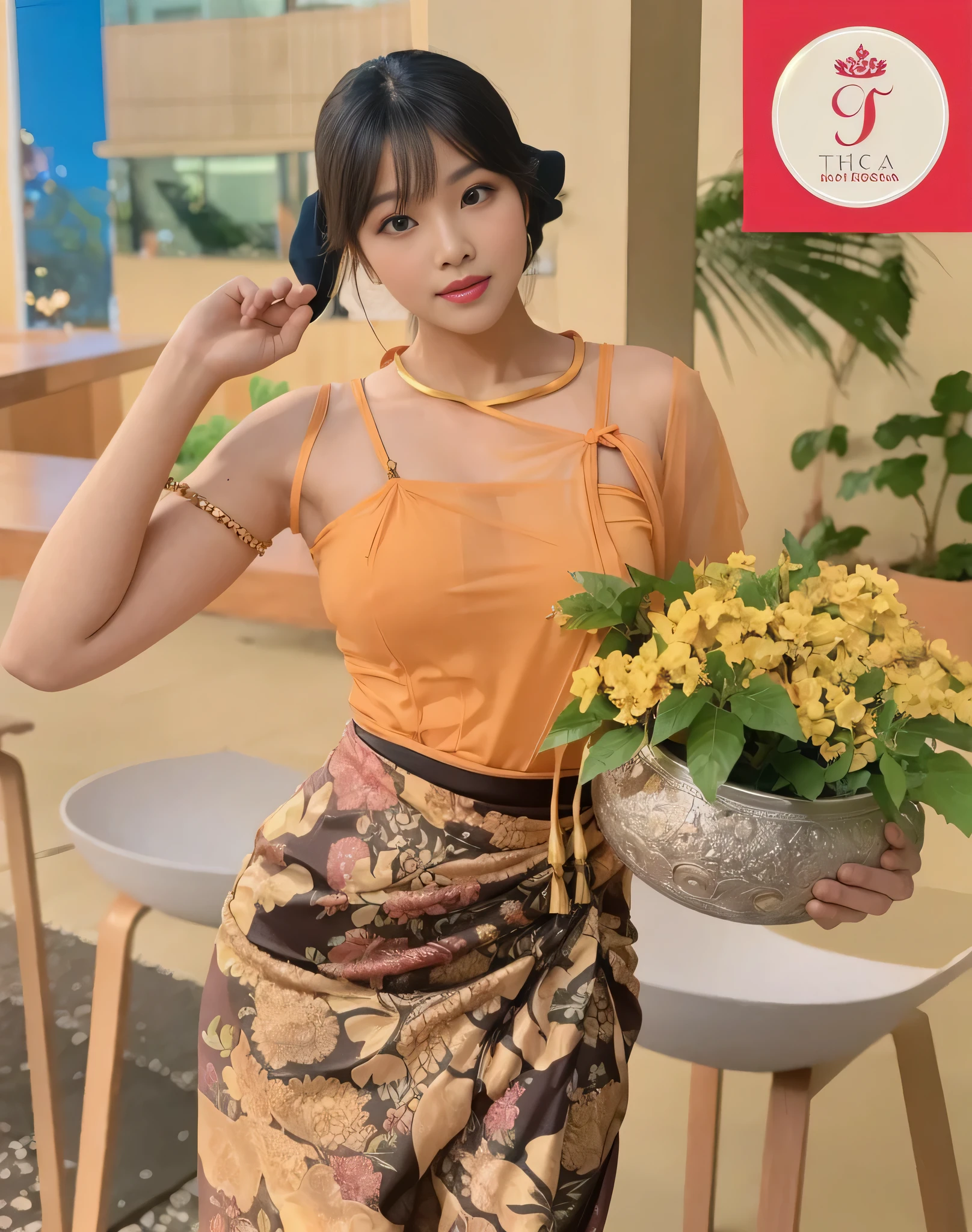 A woman holding a vase and wearing a Burmese turban. A perfect and attractive body, a Burmese thingyan dancer