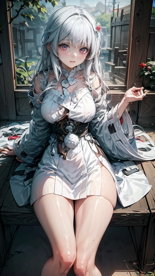 Anime girl sitting on chair in white dress, cute anime waifu in a nice dress, azur lane style, Guweiz in Pixiv ArtStation, trending on artstation pixiv, Guweiz on ArtStation Pixiv, Anime goddess, onmyoji, trending on cgstation, style of anime4 K, Guviz, perfect body, perfect breast,((Best quality, 8k, Masterpiece :1.3)), Sharp focus :1.2, Perfect body beauty: 1.4, lewd face and holding condoms,hand between leg