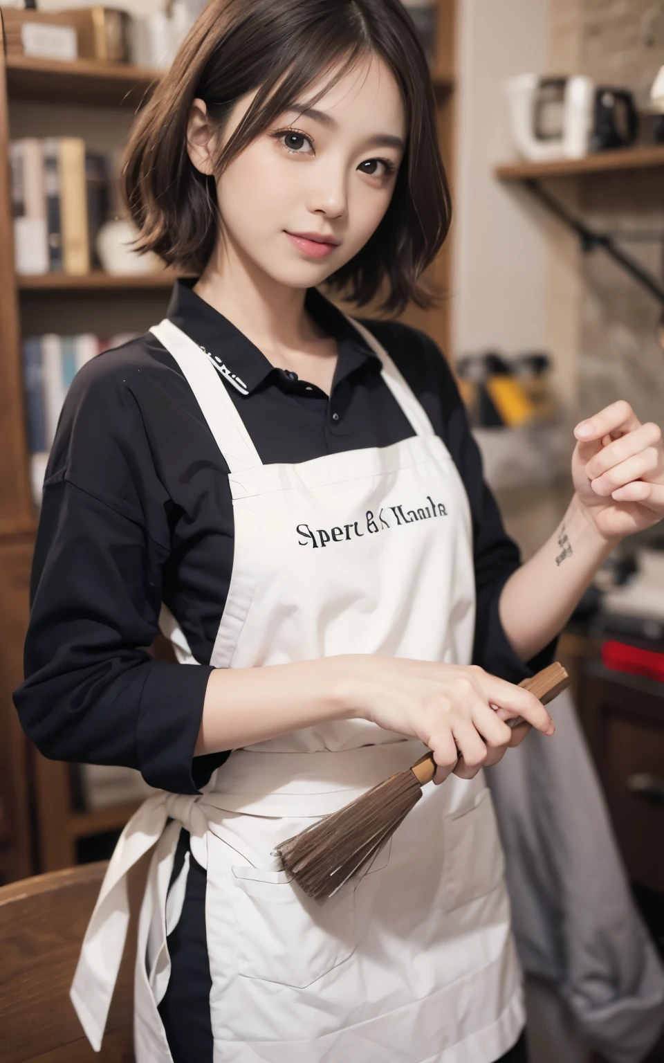 cute 21 year old japanese、cleaning、spring cleaning、with a broom、apron,super detail face、pay attention to details、double eyelid、beautiful thin nose、sharp focus:1.2、Beautiful woman:1.4、(light brown hair,short hair、),pure white skin、highest quality、masterpiece、ultra high resolution、(Photoreal:1.4)、Highly detailed and professional lighting、nice smile、Please show me your whole body、