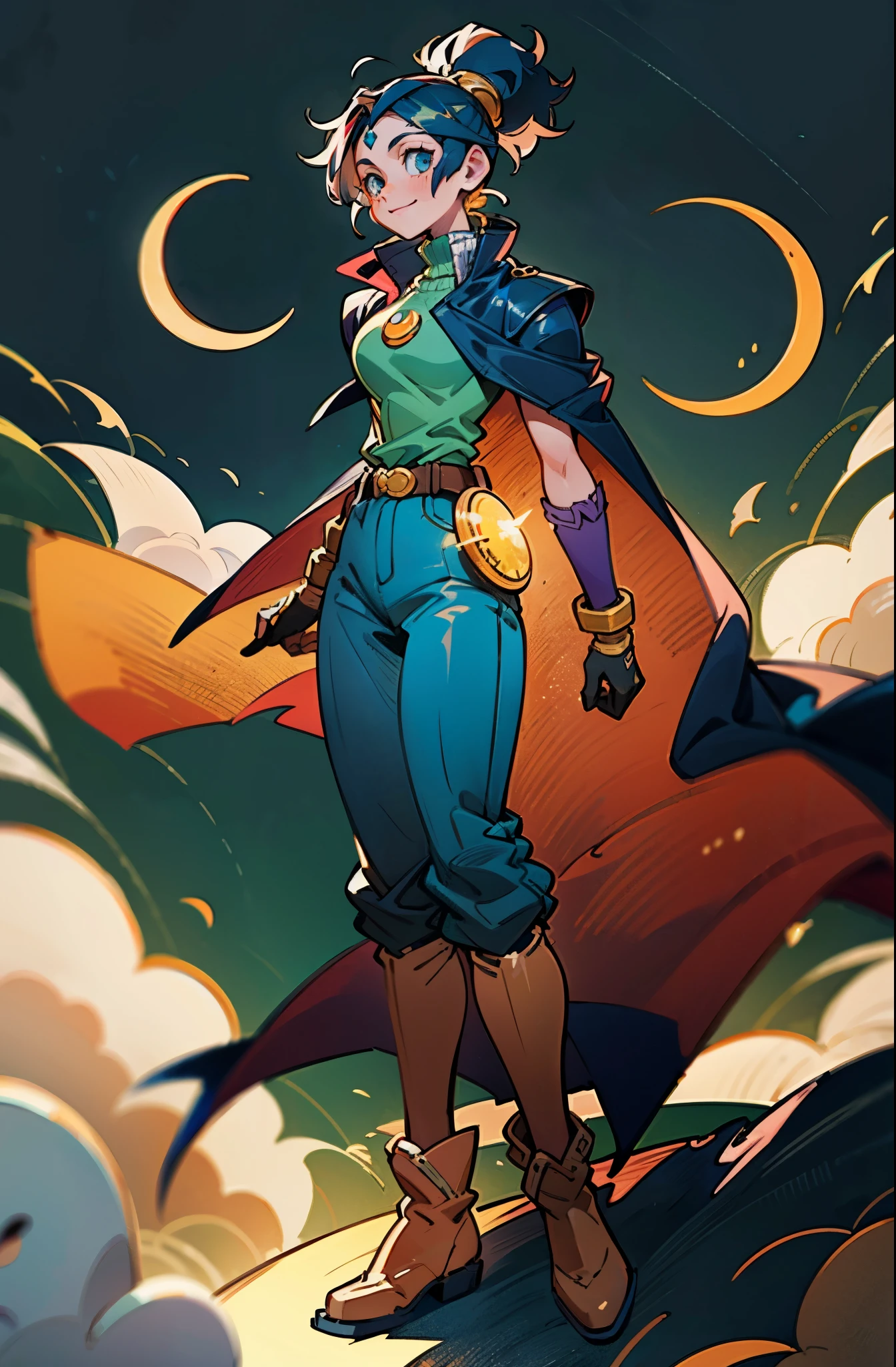 A girl with long indigo hair, a high ponytail, a headband adorned with crescent moon decorations, bright round eyes, a cheerful smile, a curious expression, a fantasy-style adventurer's coat with a short hem, houlder extensions forming a cape cloak, fabric gloves, a multifunctional belt, coarse cloth trousers, knee-high leather boots, a wilderness backdrop of Akira Toriyama's style, this character embodies a finely crafted fantasy-style adventurer in anime style, exquisite and mature manga art style, high definition, best quality, highres, ultra-detailed, ultra-fine painting, extremely delicate, professional, perfect body proportions, golden ratio, anatomically correct, symmetrical face, extremely detailed eyes and face, high quality eyes, creativity, RAW photo, UHD, 32k, Natural light, cinematic lighting, masterpiece-anatomy-perfect, masterpiece:1.5