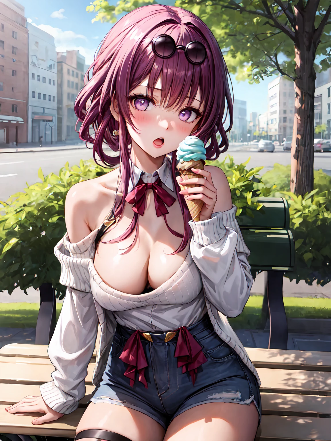 Masterpiece ,best quality , high resolution , ultra detail , colorful , soft light , mild light , sunlight , shinny , (perfect fingers , Detailed fingers, perfect hands) , (1 girl solo:1.38) , (sunglasses, eyeweard on head, purple hair, purple eyes ,neck-ribbon , hairband) , (bare shoulder , sweater , jeans , bow , chocker , belt) , armband, thigh strap, ) , (holding ice cream:1.3 , holding ice cream cone:1.3) , (sitting , sitting on bench:1.3) , (cleavage:1.3) , (medium breast:1.3) (outdoor , in park , bench , rest , strong wind) , ( full face blush , shy , open mouth:1.24 ) , (middle length shot:1.2 , knee_up-shot , close view , near shot) , (face viewer , look at the viewer)