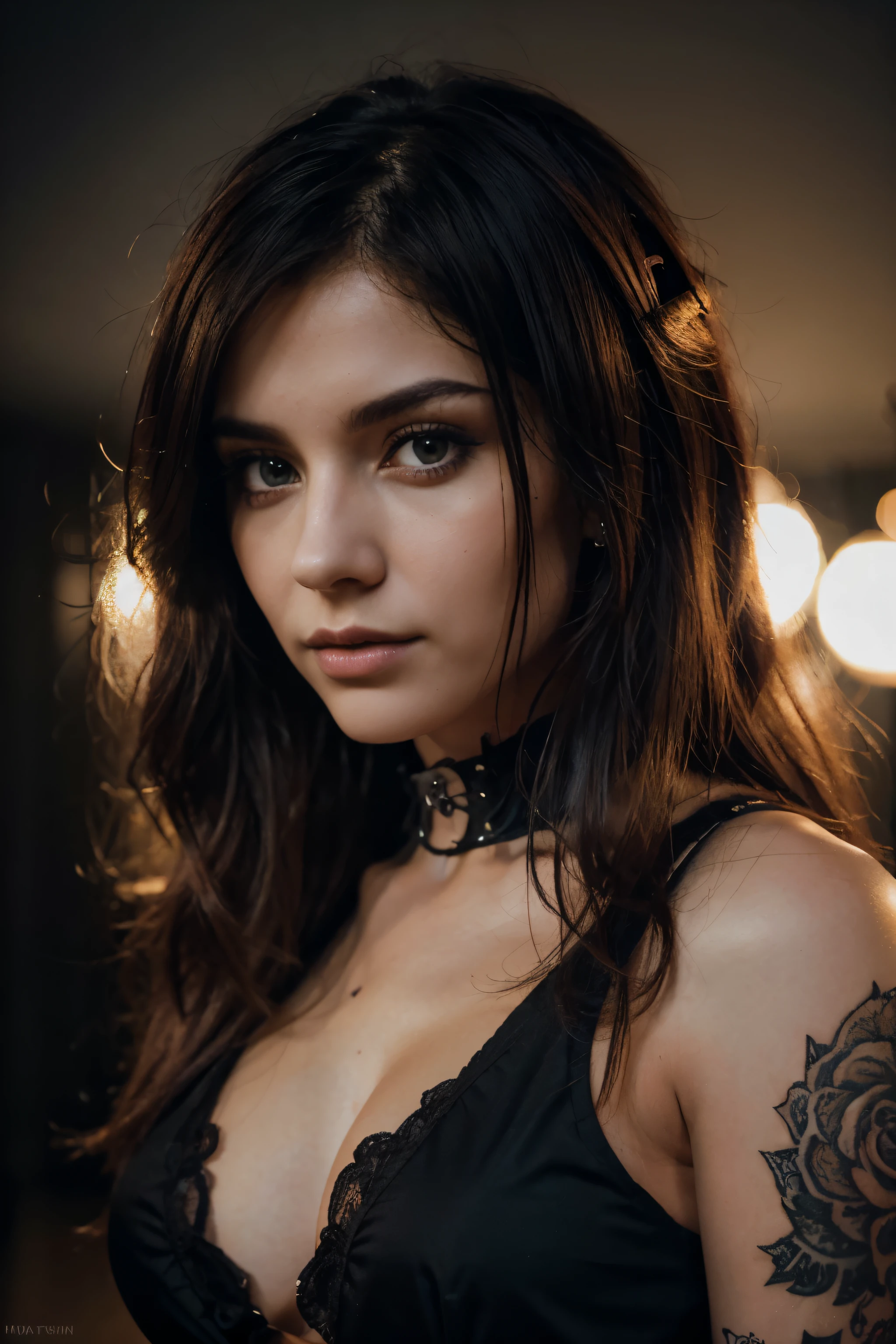 A stunningly attractive 27-year-old gothic punk girl with beautiful gothic hair in a realistic and vividly colored portrait. The image is of the highest quality, ultra-detailed, and high-resolution. The focus is very sharp, capturing every intricate detail of the girl's features. The composition is professional, highlighting the girl's beauty and charm. The portrait is beautifully lit with studio lighting, enhancing the overall aesthetics. The color palette is vibrant and vivid, adding depth and dimension to the image.