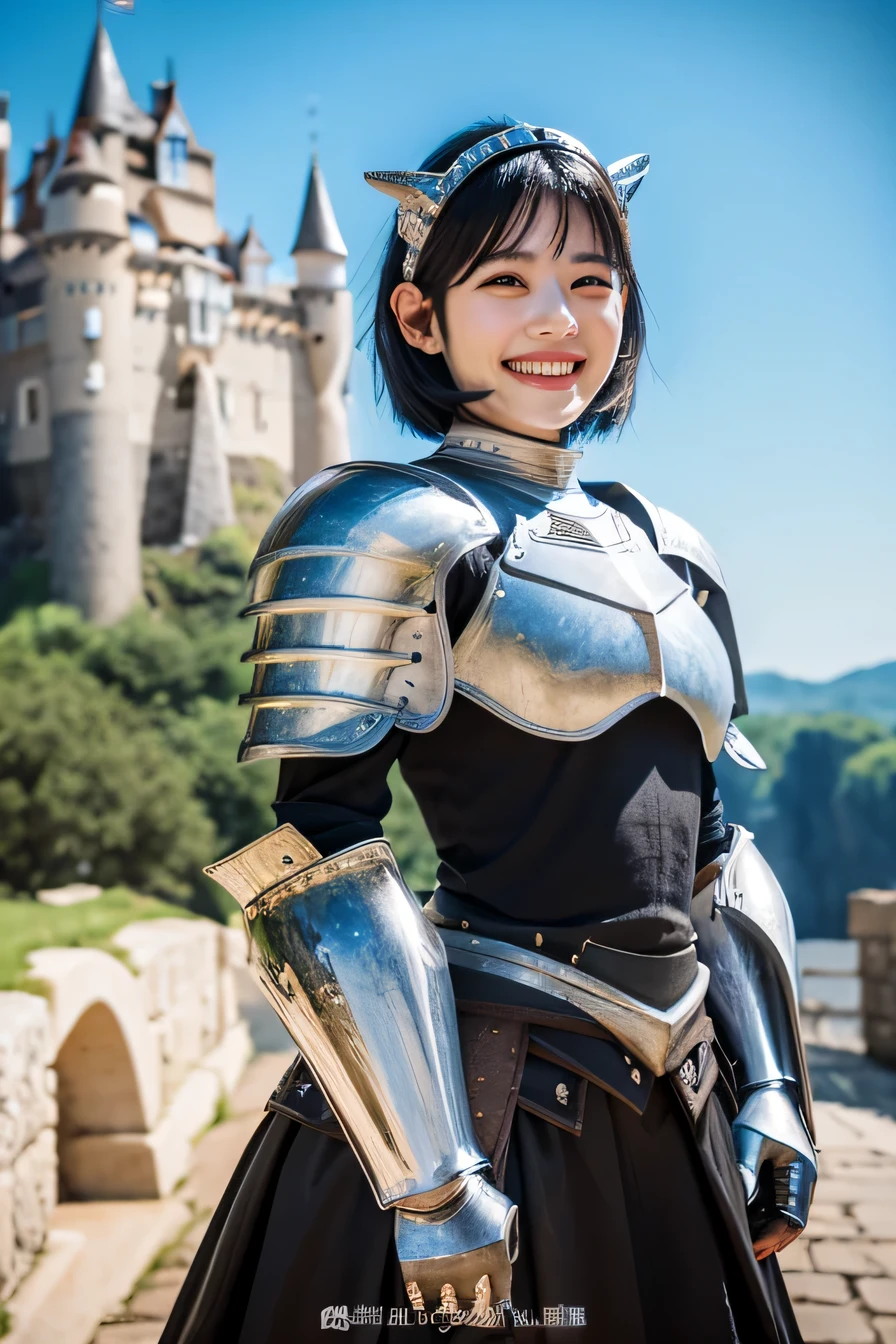 ８Ｋ、highest quality、female knight、The background is a castle、Luxurious Silver Armor、heavy equipment、black hair、hairstyle short cut、smile、beautiful teeth、full body photo、ear piercing、Dragon Helm

